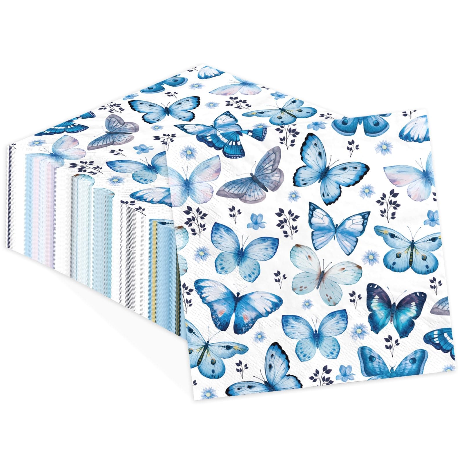 Greencian 100Pcs Blue Butterfly Napkins 6.5 x 6.5 Inches 3 Ply