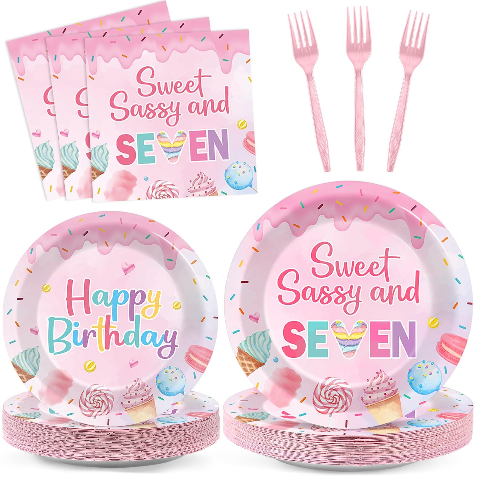 96 PCS Donut 7th Party Plates and Napkins Donuts Happy Birthday Party Tableware Supplies Sweet Sassy Seven Year Old Plates Napkins Decors Donuts Decorations for Kids Birthday Gatherings Decorations
