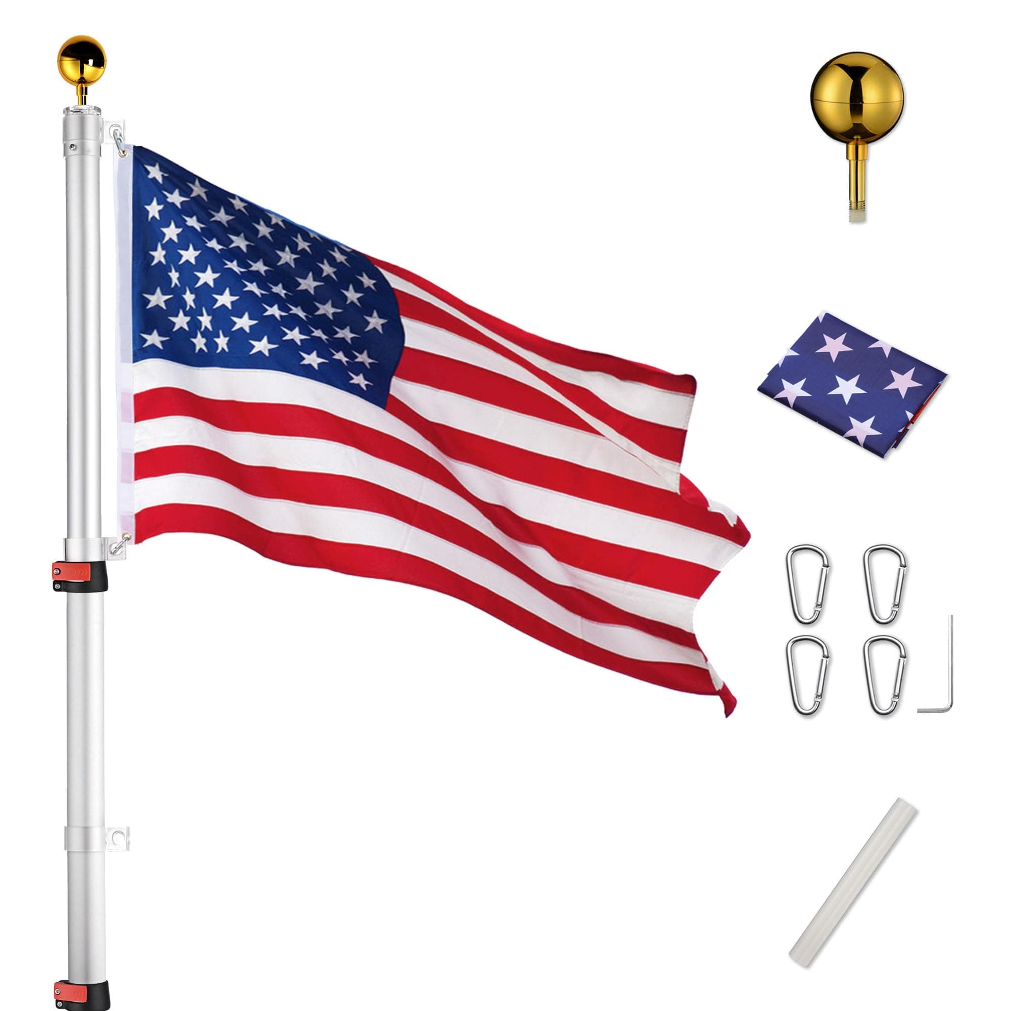 Yeshom 25ft Telescopic Aluminum Flag Pole Fly 2 Flags 3'x5' US Flag Ball