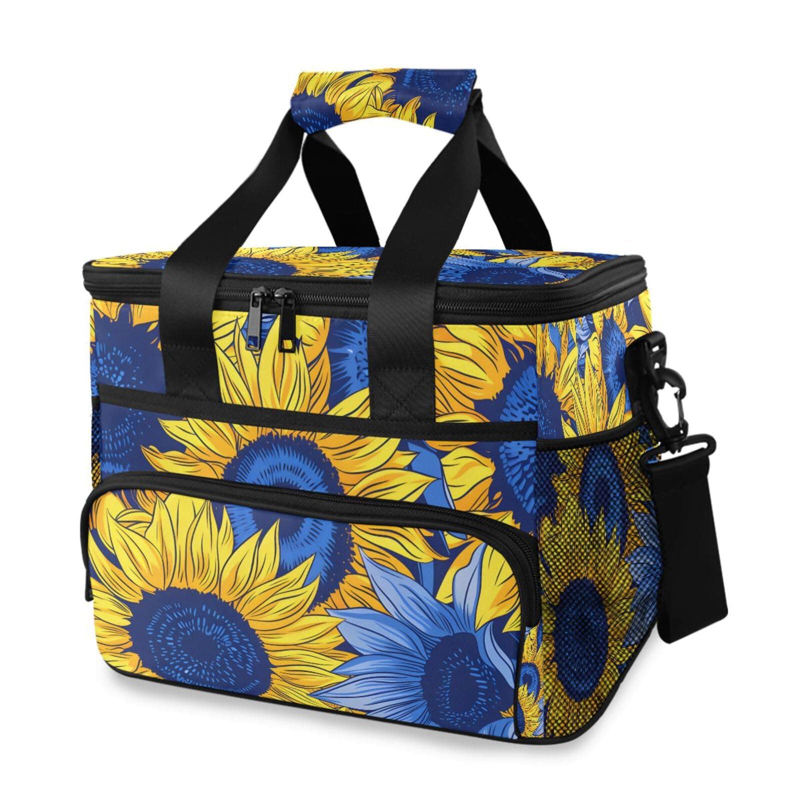Sunflowers Blue Yellow Flower Cooler Bag Insulated Cooler Soft Sided Cooler 24 Can Portable Picnic Bag Large Leakproof Lunch Bag Box for Beach Grocery Camping Travel Car Men Women