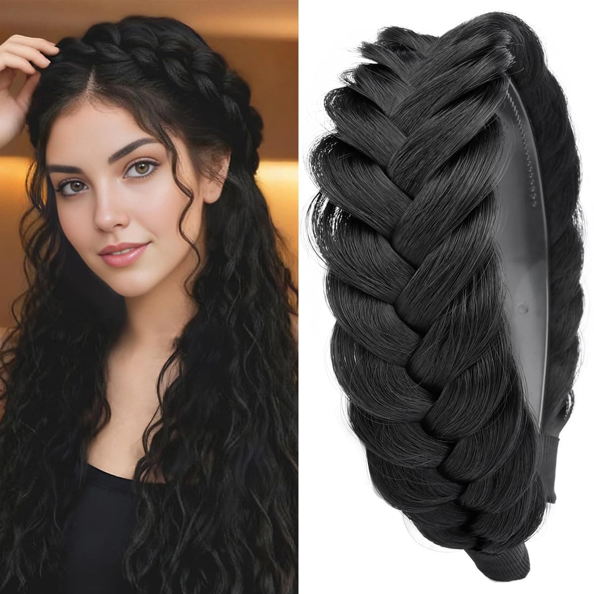 DIGUAN Wide Messy Braided Headband With Teeth Synthetic Hair Plaited Headband High Elasticity Braids Chunky Fishtail Braided Hair Band Hairpiece for Girls Women Beauty Accessory (Natural Black)