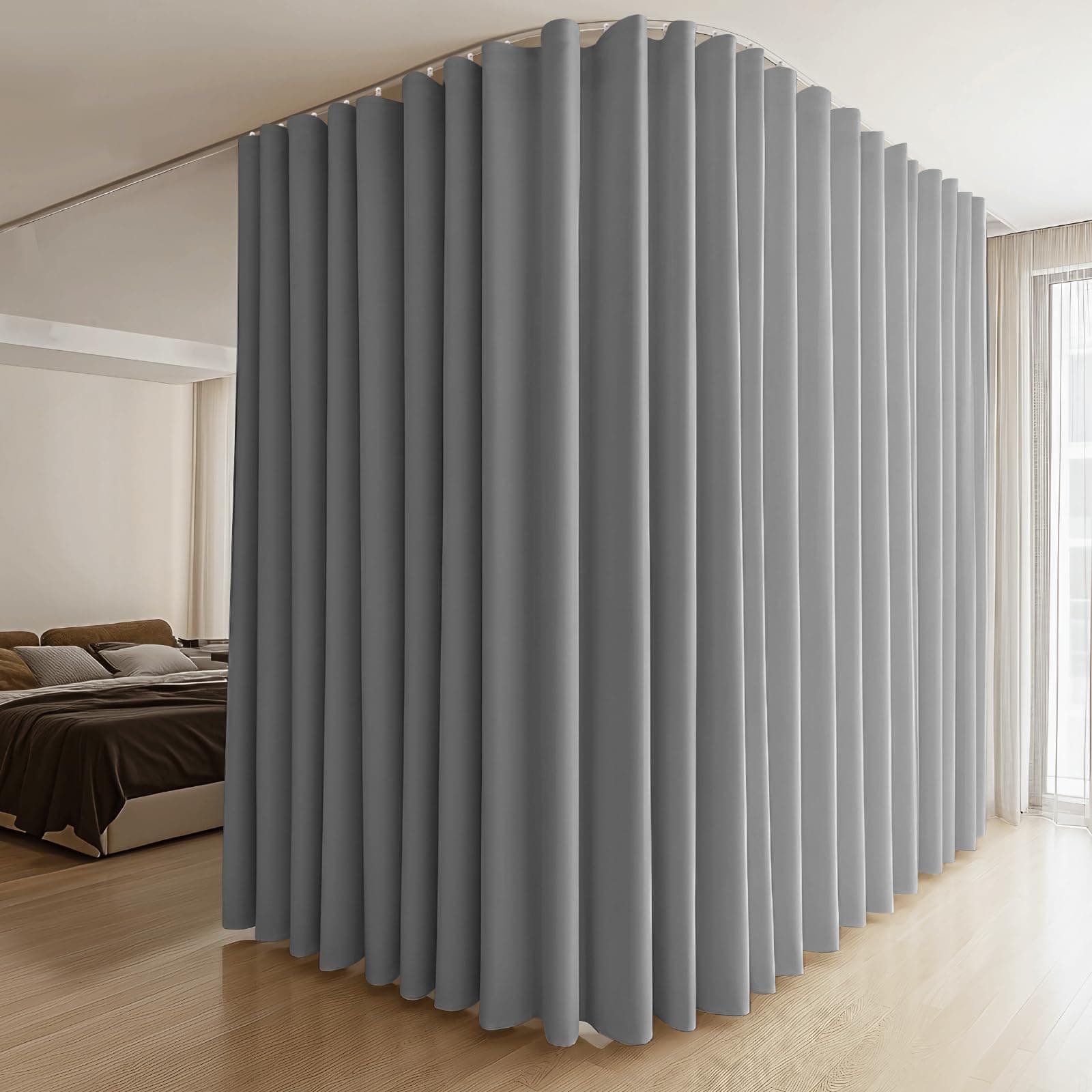 MaKefeile Room Divider Curtain with Flexible Bendable Track Set W150×H84in 1 Panel Grey Curtain and White Track