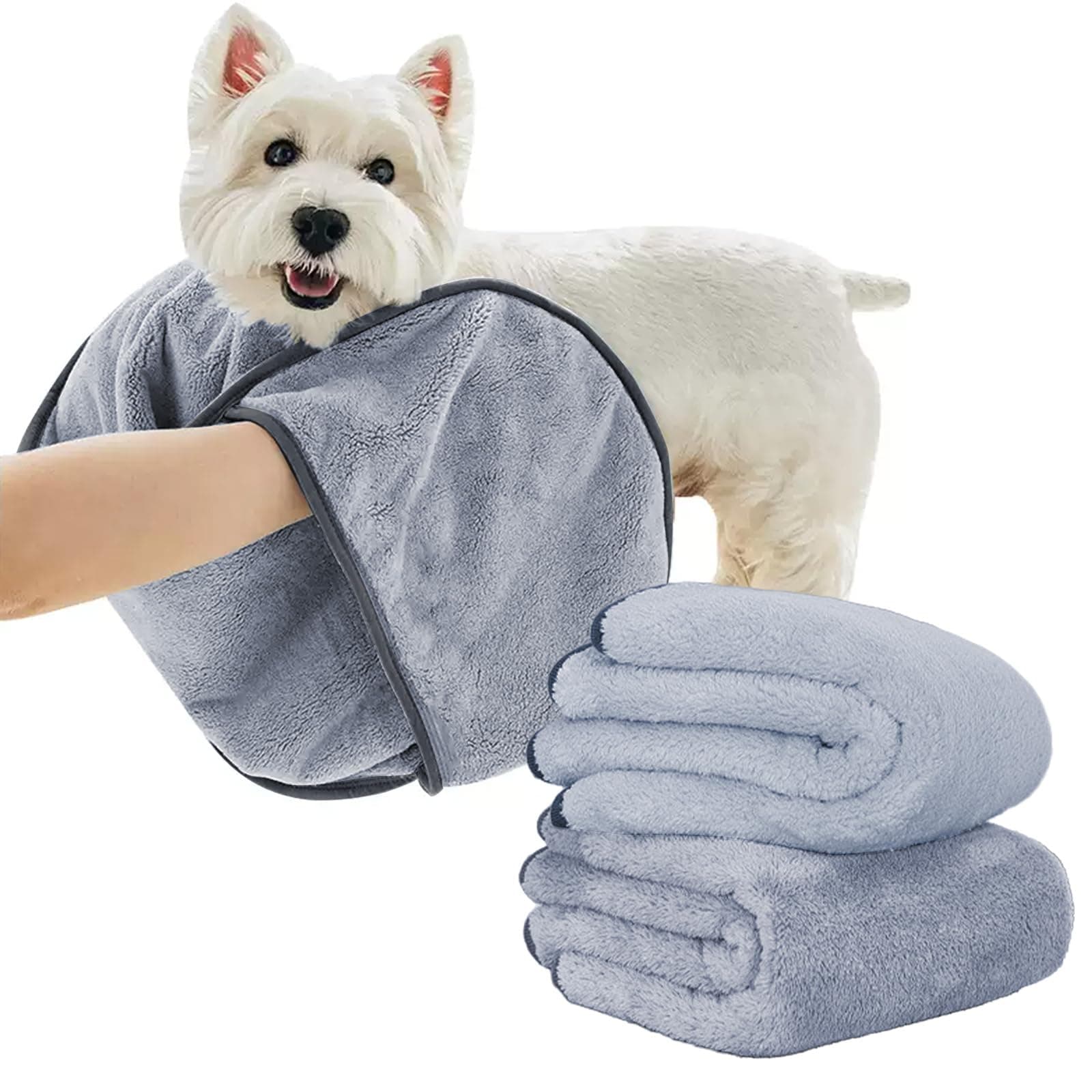 KUEIOX Dog Washing Gloves - Dog Bath Towel,Cat Bath Grooming Gloves Brush with High-Density Teeth for Bathing Massaging，Absorbent Pet Bath Towel 30.3"x13.8" with Hand Pocket for Dog Cat (B-Grey)