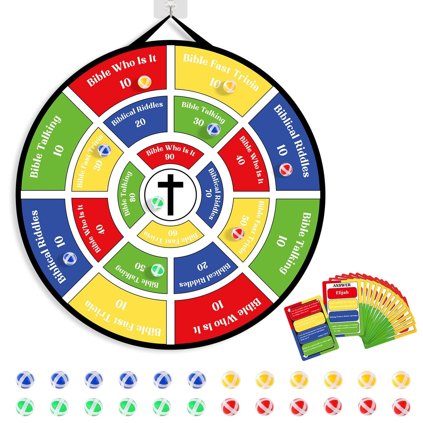 gisgfim 29" Large Faith Darts Bible Interactive Game 66 Trivia Cards with 264 Questions & 24 Sticky Balls, Christian Learning Supplies for Church, Disciples, Sunday School, Birthday Gift, Family Toy