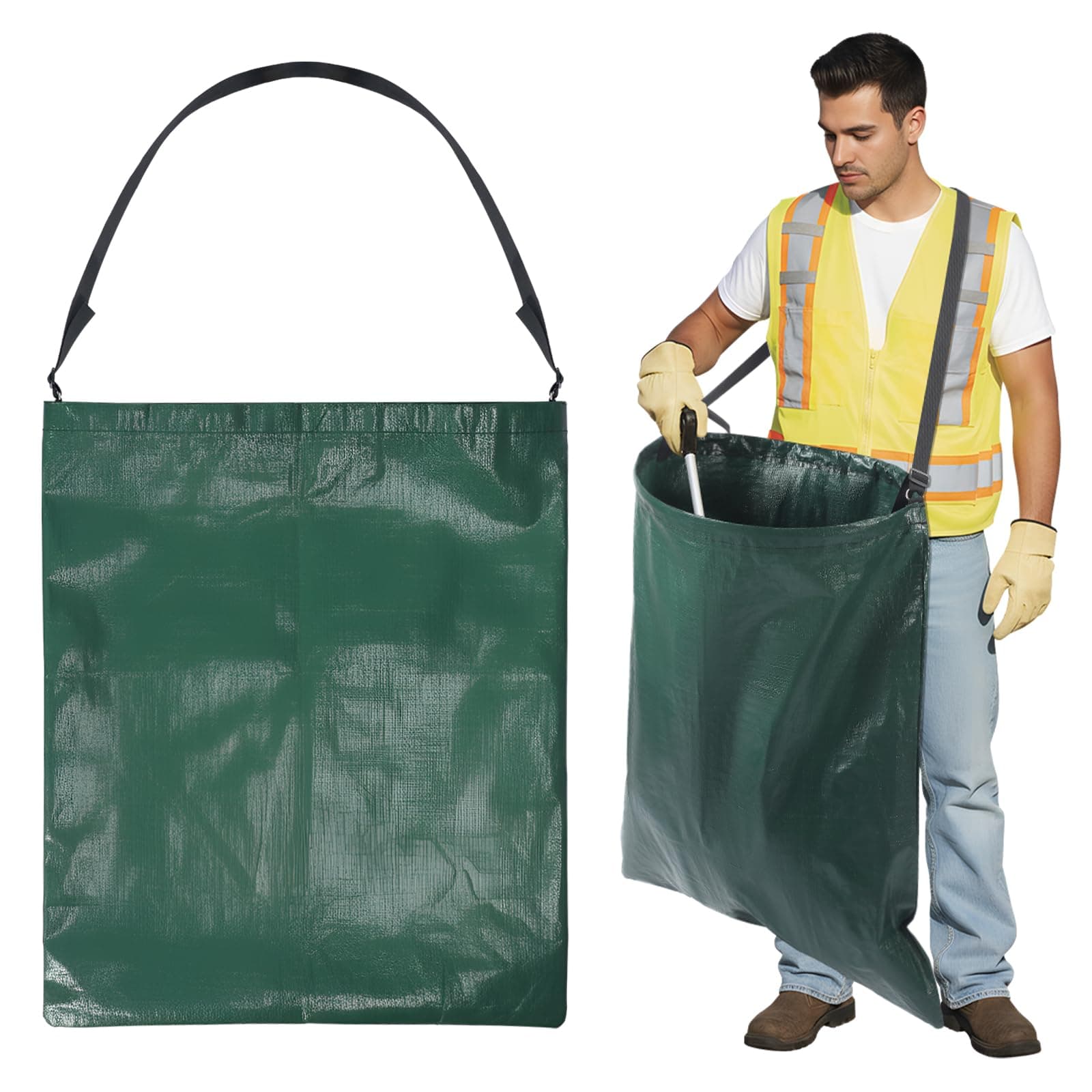 Faccito Litter Pet Waste Bag with Shoulder Strap Lawn Leaf Bag Chute Vinyl 4. 45 Cubic Feet No Bending Portable Trash Picker Trash Grabber for Patio Yard Garden Wear Gloves When Assembling (Green)