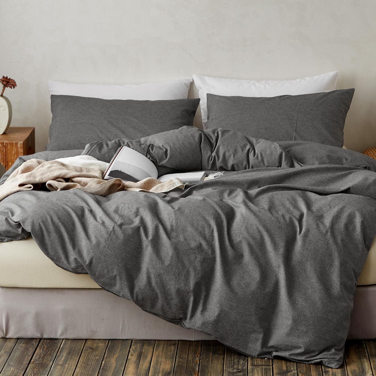 TOCOMOA Cotton Duvet Cover Set Like Linen Feel, Dark Grey, Queen