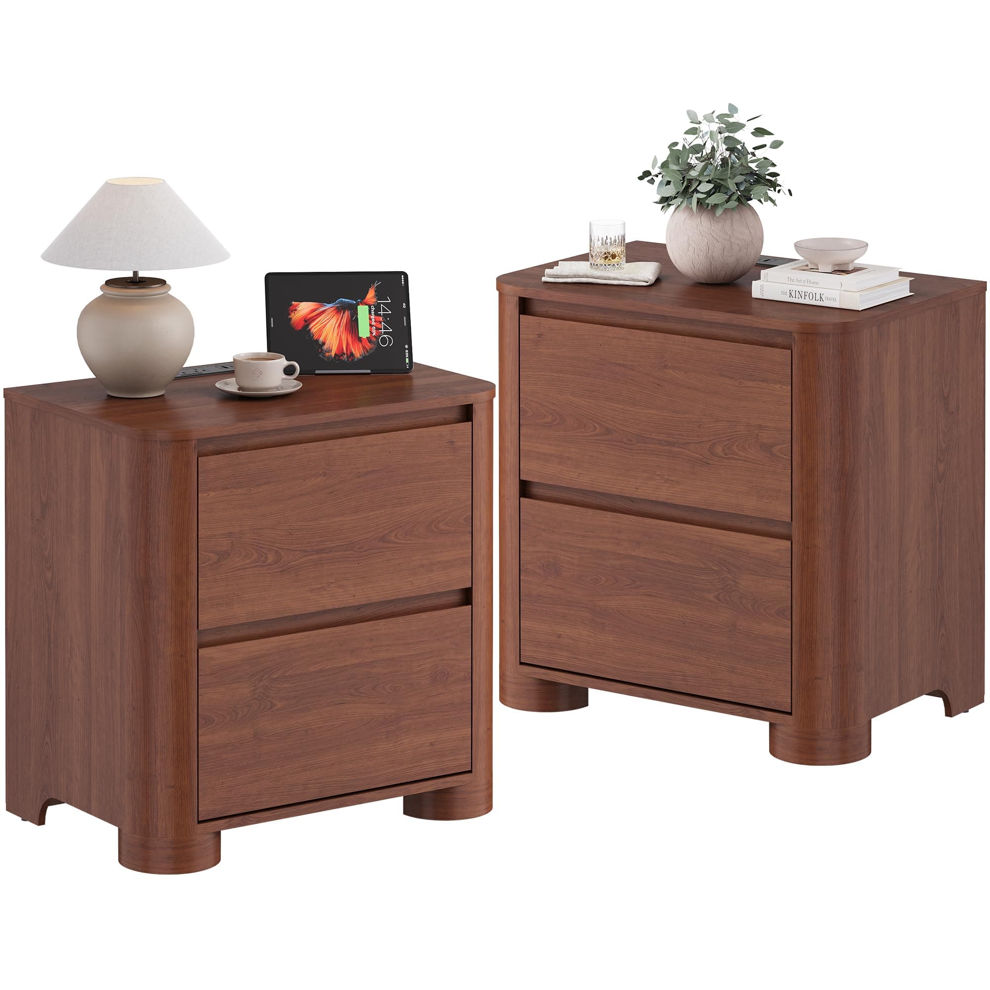 YANSNWO 23.6" Walnut Nightstand Set of 2 with Charging Station