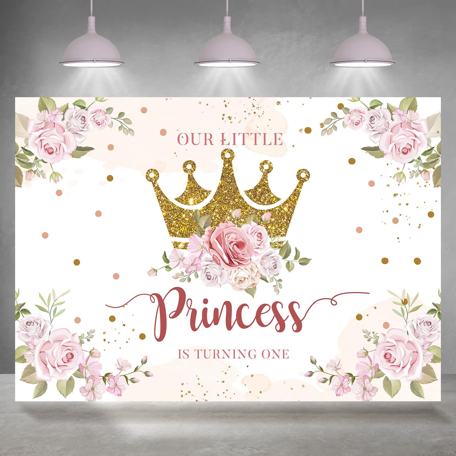 Rsuuinu Little Princess Backdrop 1st Birthday Party Decorations for Girls Pink Flowers Banner Gold Crown Glitter Happy First Birthday Photography Background Cake Table Decor Photo Booth Props 7x5ft