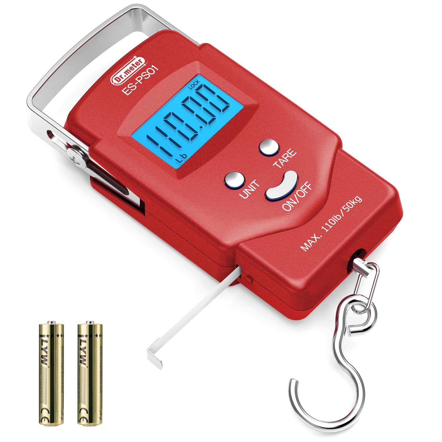 Dr.meter Fish Scale: PS01 110lb/50kg Backlit LCD Display Fishing Scale with Built-in Measuring Tape - Electronic Balance Digital Fishing Postal Hanging Hook Scale with 2 AAA Batteries