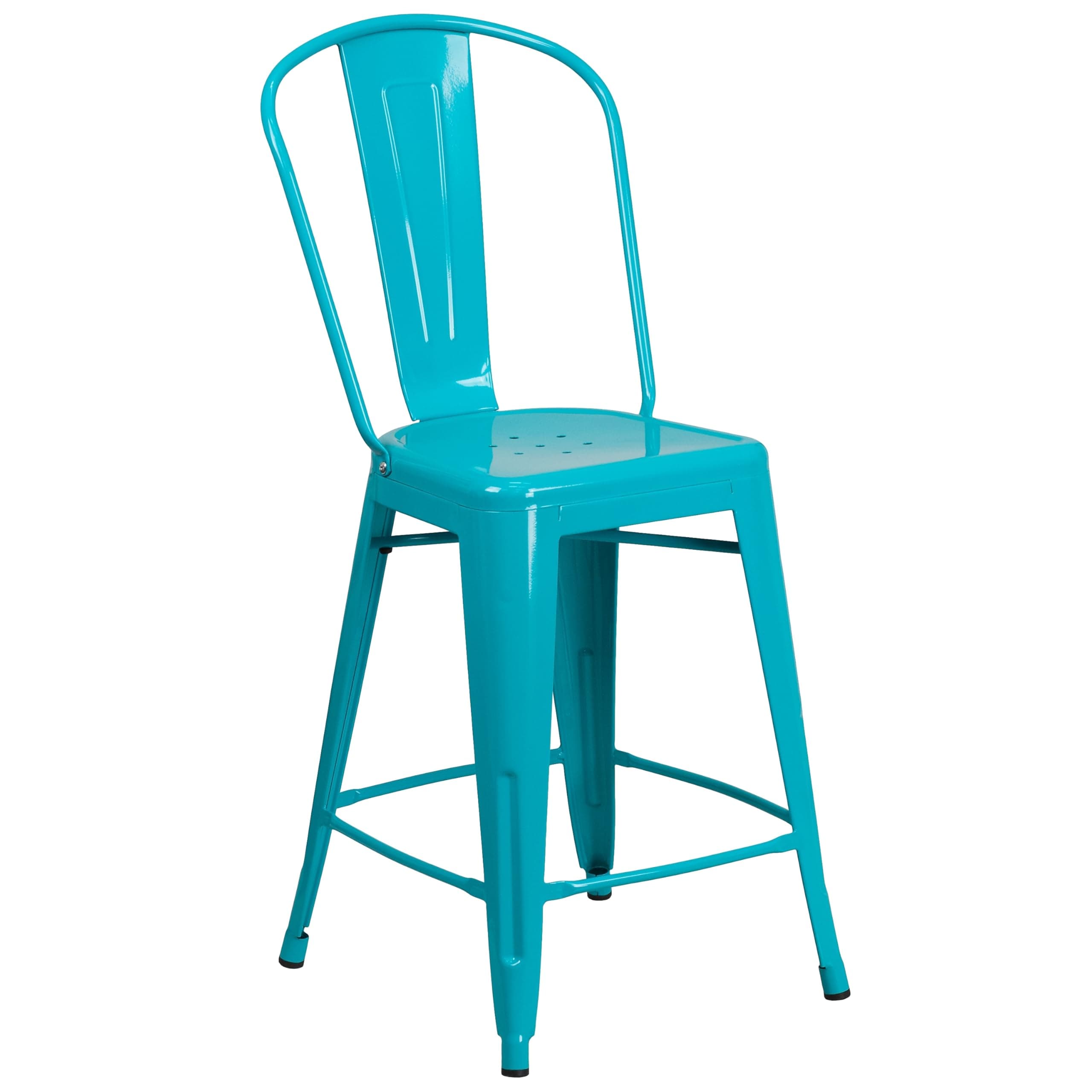 Flash Furniture ET-3534-24-CB-GG: Commercial Grade 24" High Crystal Teal-Blue Metal Indoor-Outdoor Counter Height Stool with Back, 17.75" W x 22" D x 40.25" H