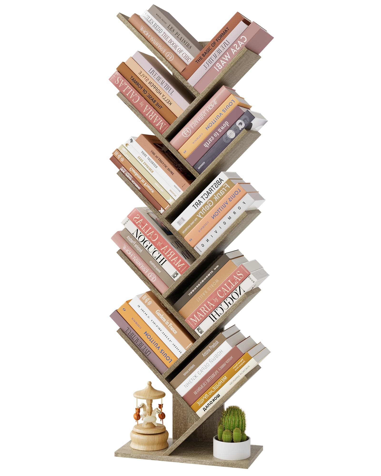 Hoctieon 10 Tier Tree Bookshelf, 10 Shelf Bookcase, Free Standing Tree Bookcase, Display Floor Standing Shelf for Books, Book Organizer Shelves for Home Office, Living Room, Bedroom, Greige
