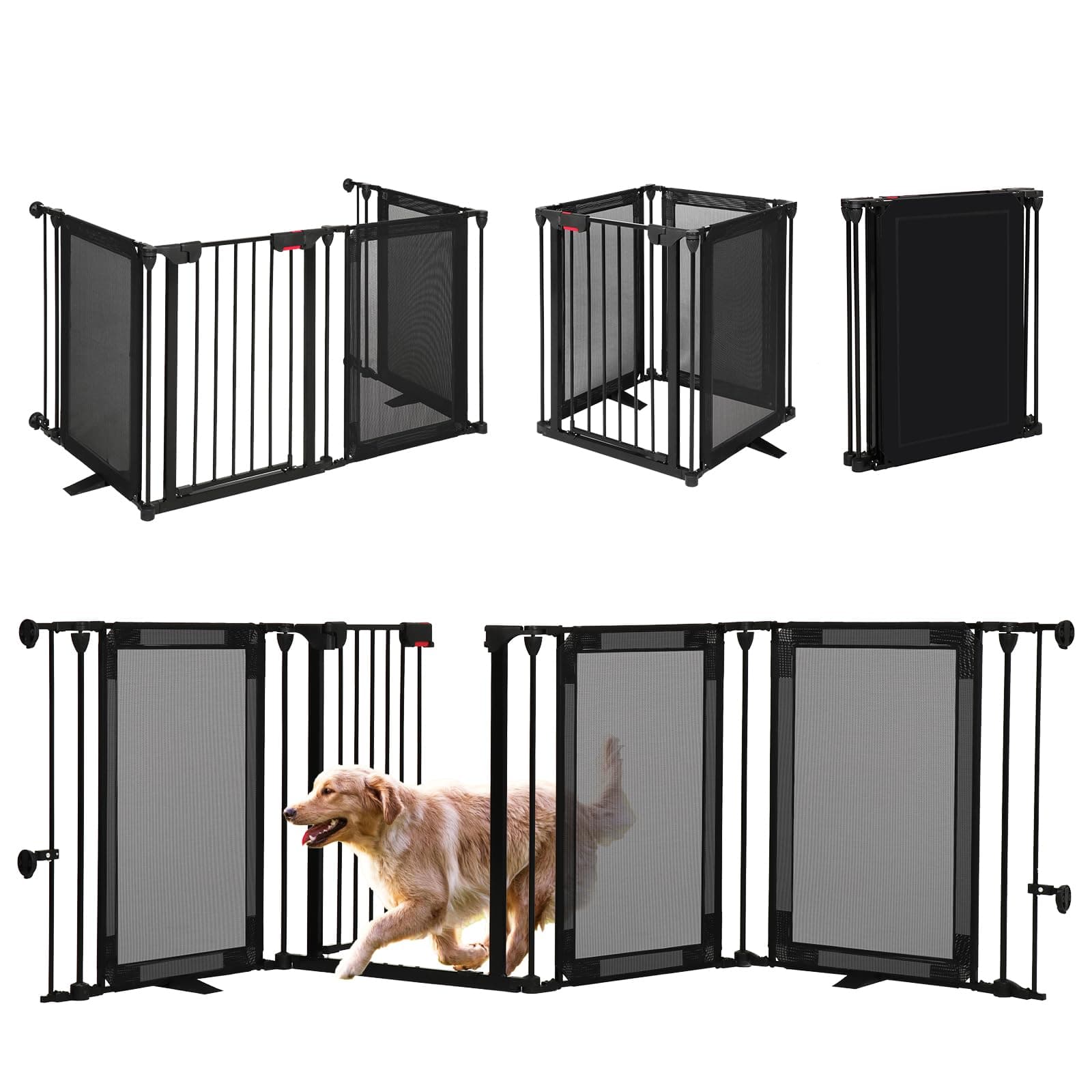 CRUDATE Freestanding Dog Gate, 100" Extra Wide Pet Gate with Auto-Close Door, Foldable Grip-Resistant Dog Fence for Indoor/Outdoor, 29" Tall Pet Barrier for Stairs/Doorways/Fireplace (4 Panels, Black)