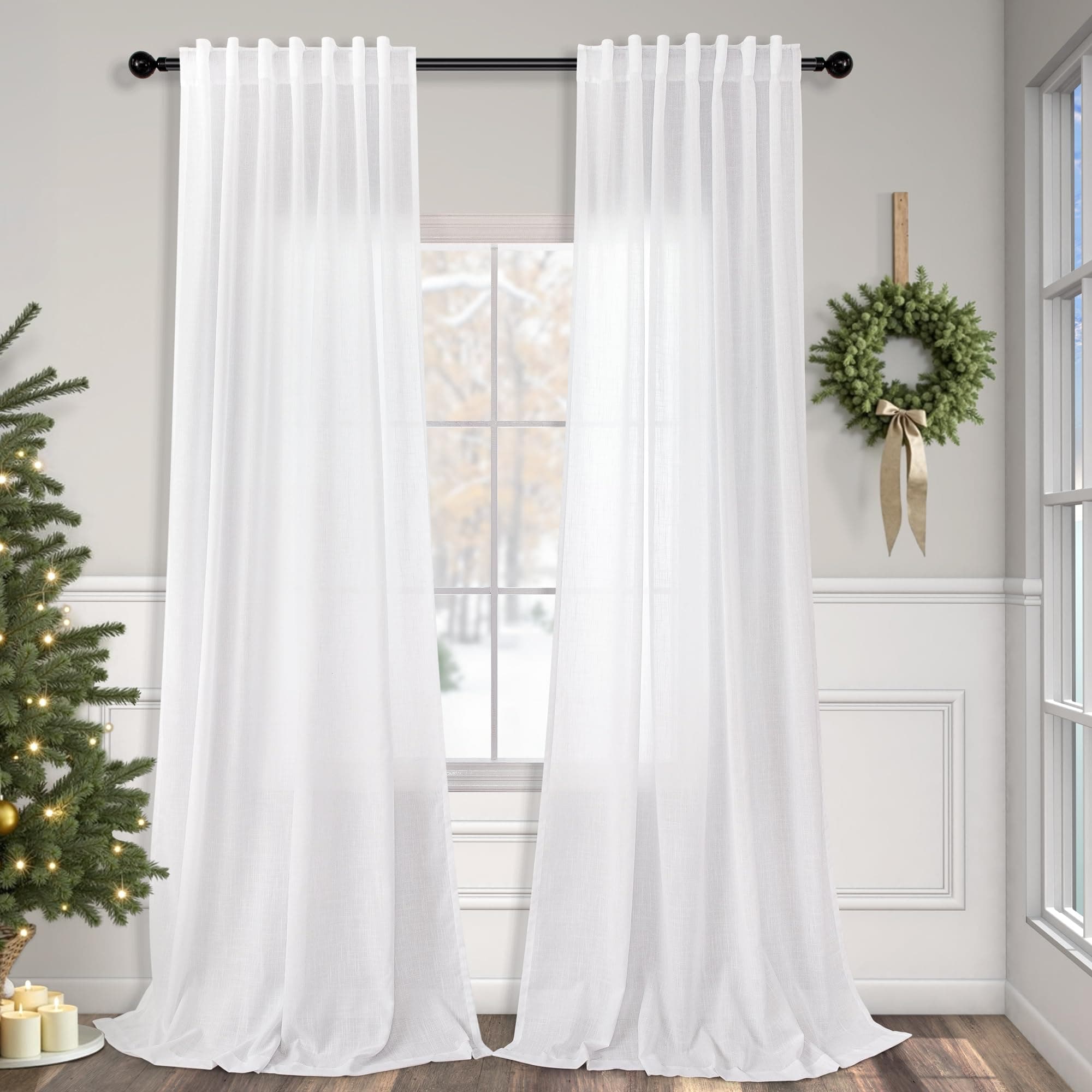 Pitalk White Living Room Curtains 105 Inch Length 2 Panels Set Back Tab Linen Sheer Curtains Extra Long Custom Farm House Lightweight Semi Privacy Light Filtering Curtain for Patio Sliding Glass Door