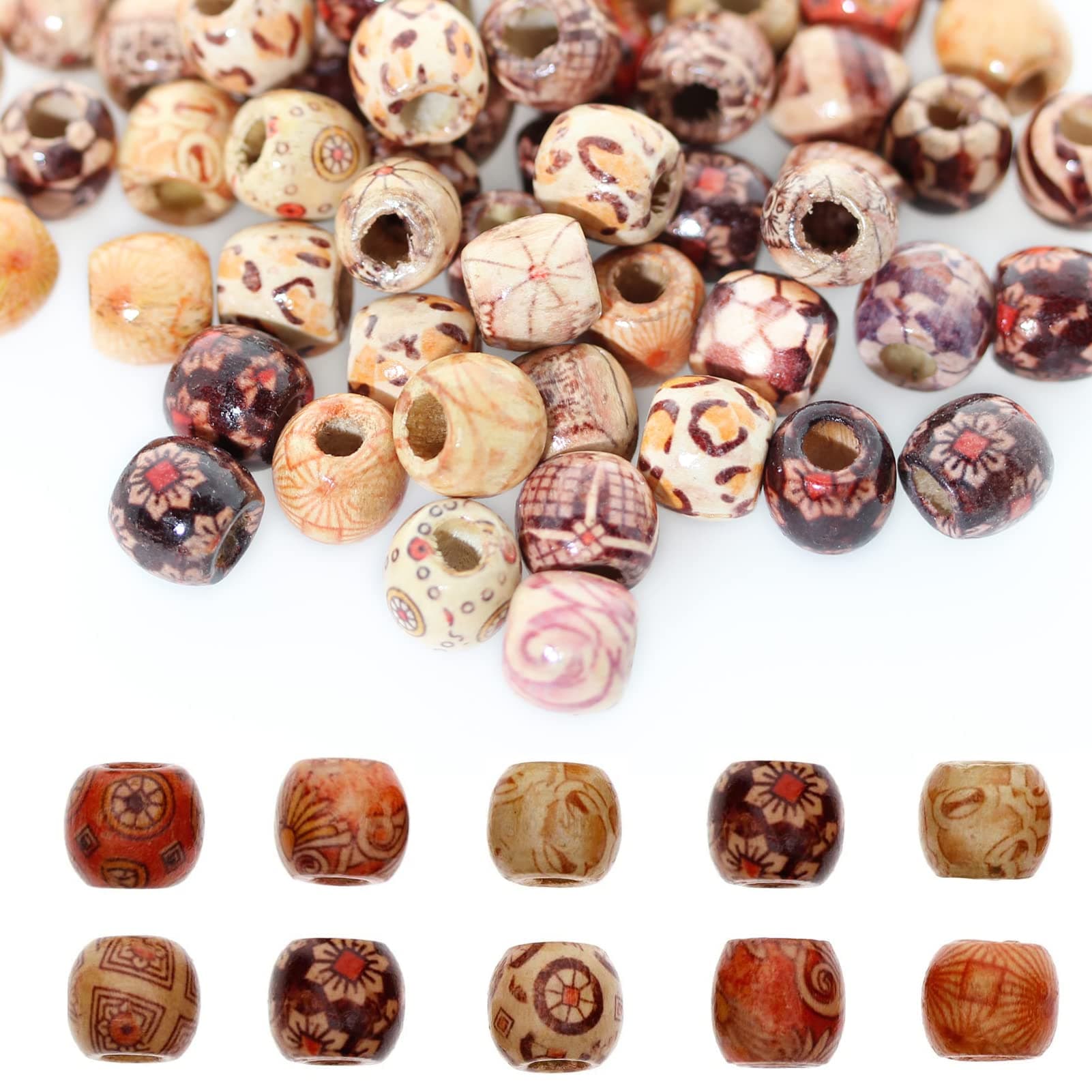 300pcs Mixed Painted Barrel Wood Spacer Beads, BetterJonny 12mm Round Printed Drum Wood Loose Beads for DIY Making Bracelet Necklace Jewelry Hair Craft Project…