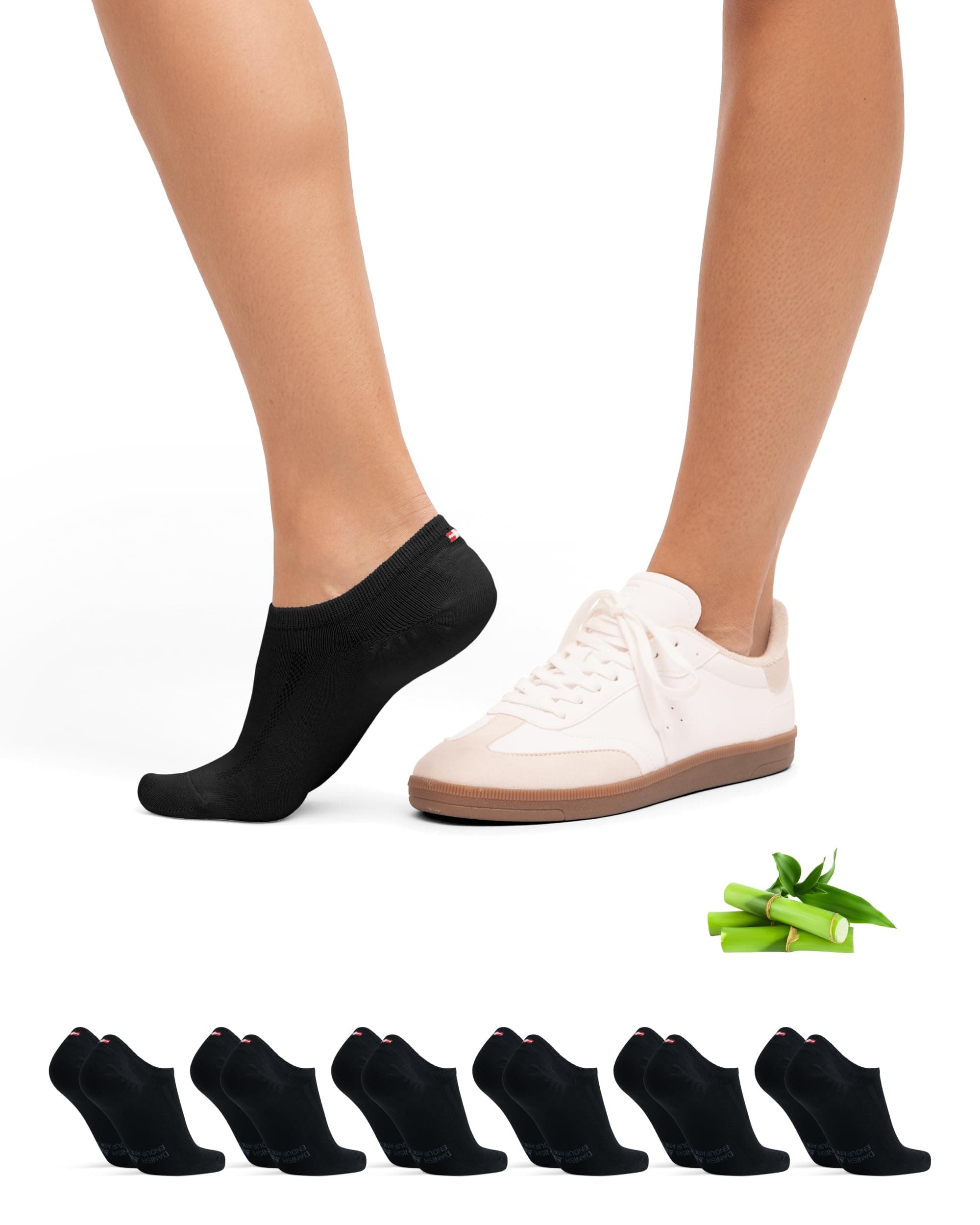 DANISH ENDURANCE No Show Bamboo Socks, Low Cut Trainer Socks, Invisible, for Men and Women, Unisex, 6 Pack, Black, 6-8