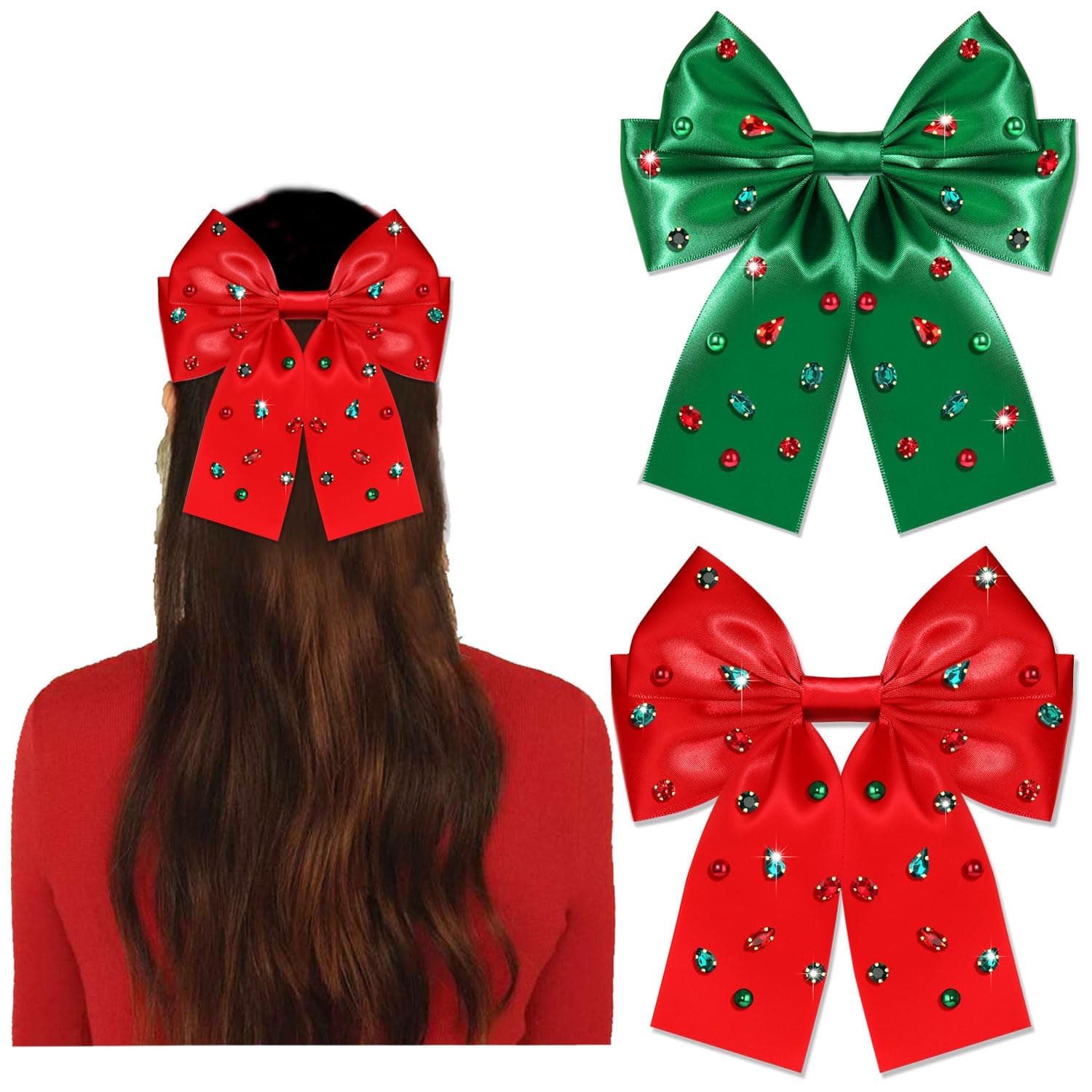 2PCS Christmas Hair Bow Clips for Women Christmas Accessories Xmas Bow Tree Reindeer Snowflake Hair Bows Silky Satin Red Green Bows Holiday Hair Ribbons Christmas Outfits Holiday Gifts