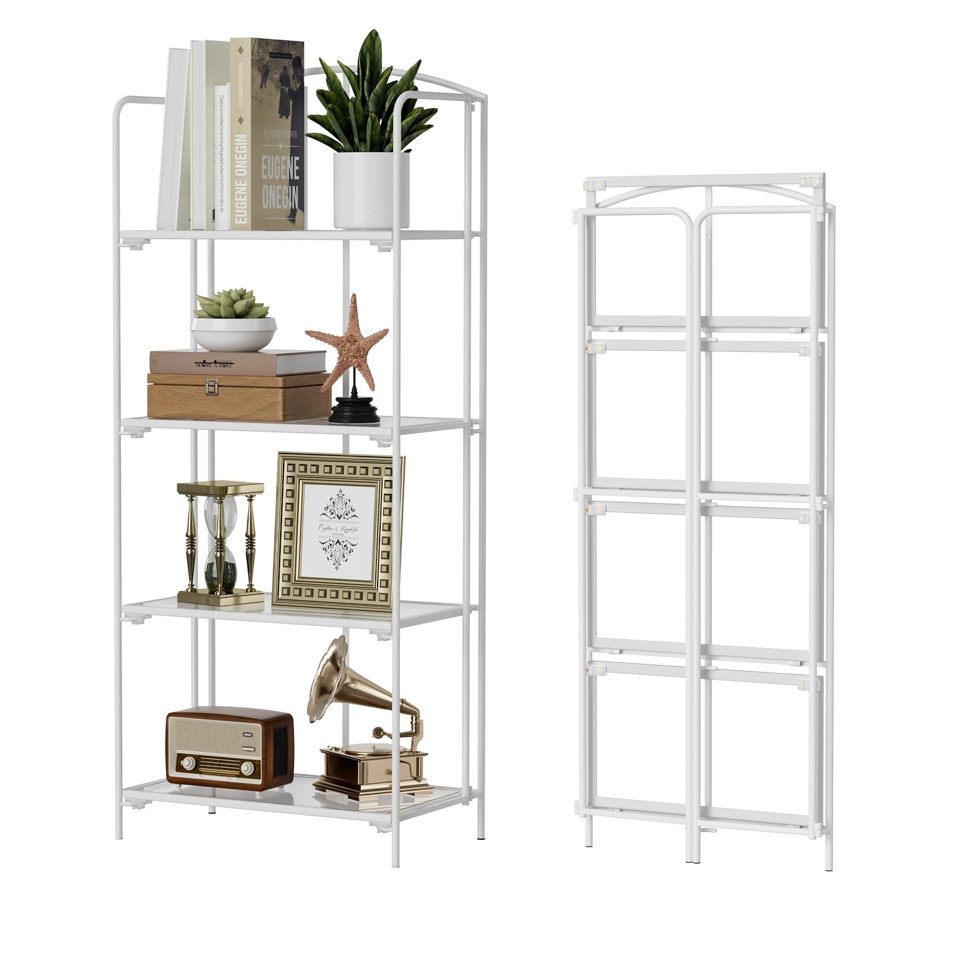 Crofy 4-Tier Foldable Bookshelf, White Frame & Transparent Shelves