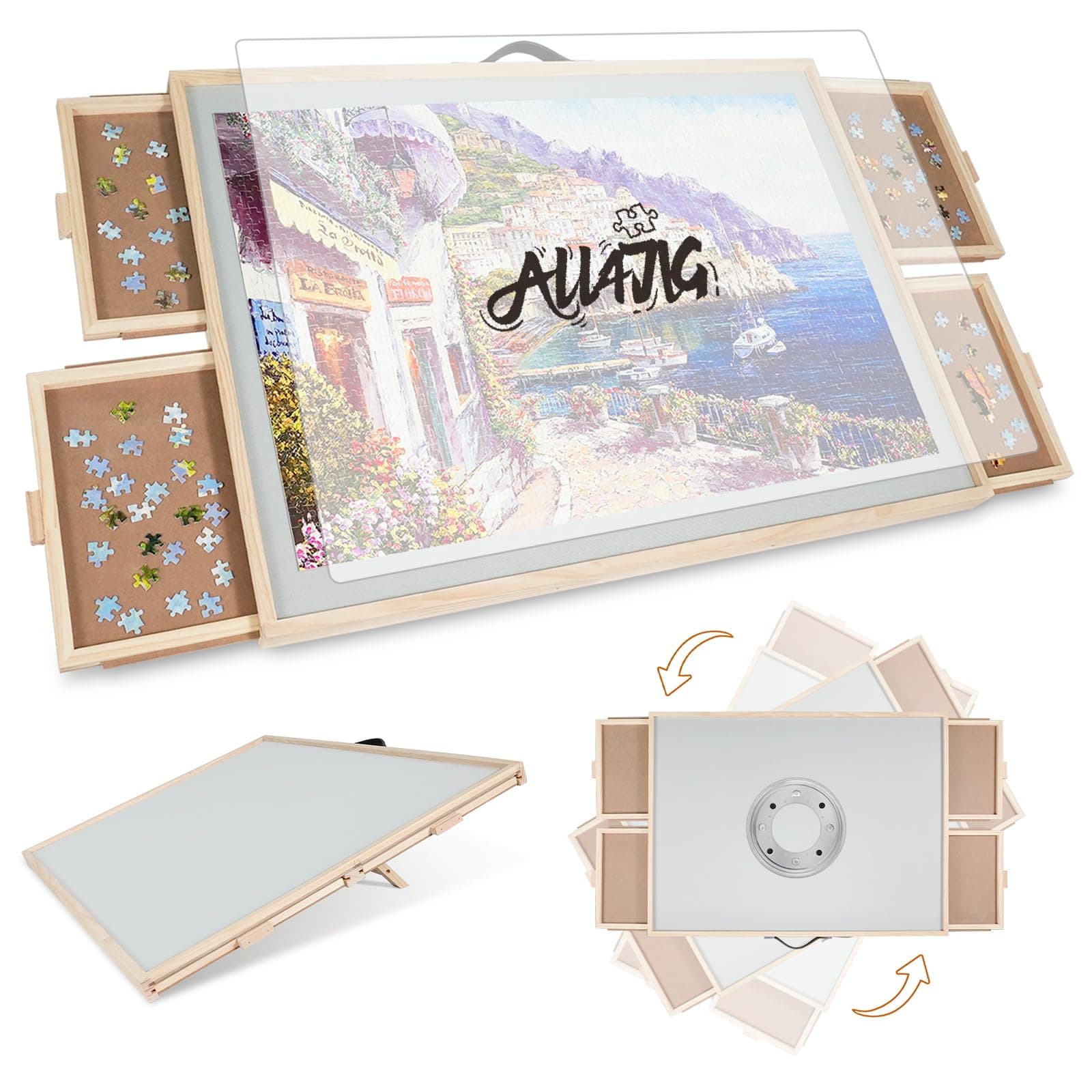 ALL4JIG 1500 Pieces 2-in-1 Tilting & Rotating Puzzle Board for Adults Gifts, Wooden Jigsaw Puzzle Table with 4 Drawers, Portable Puzzle Table with Lazy Susan and Cover, 24.53" x 33.19"