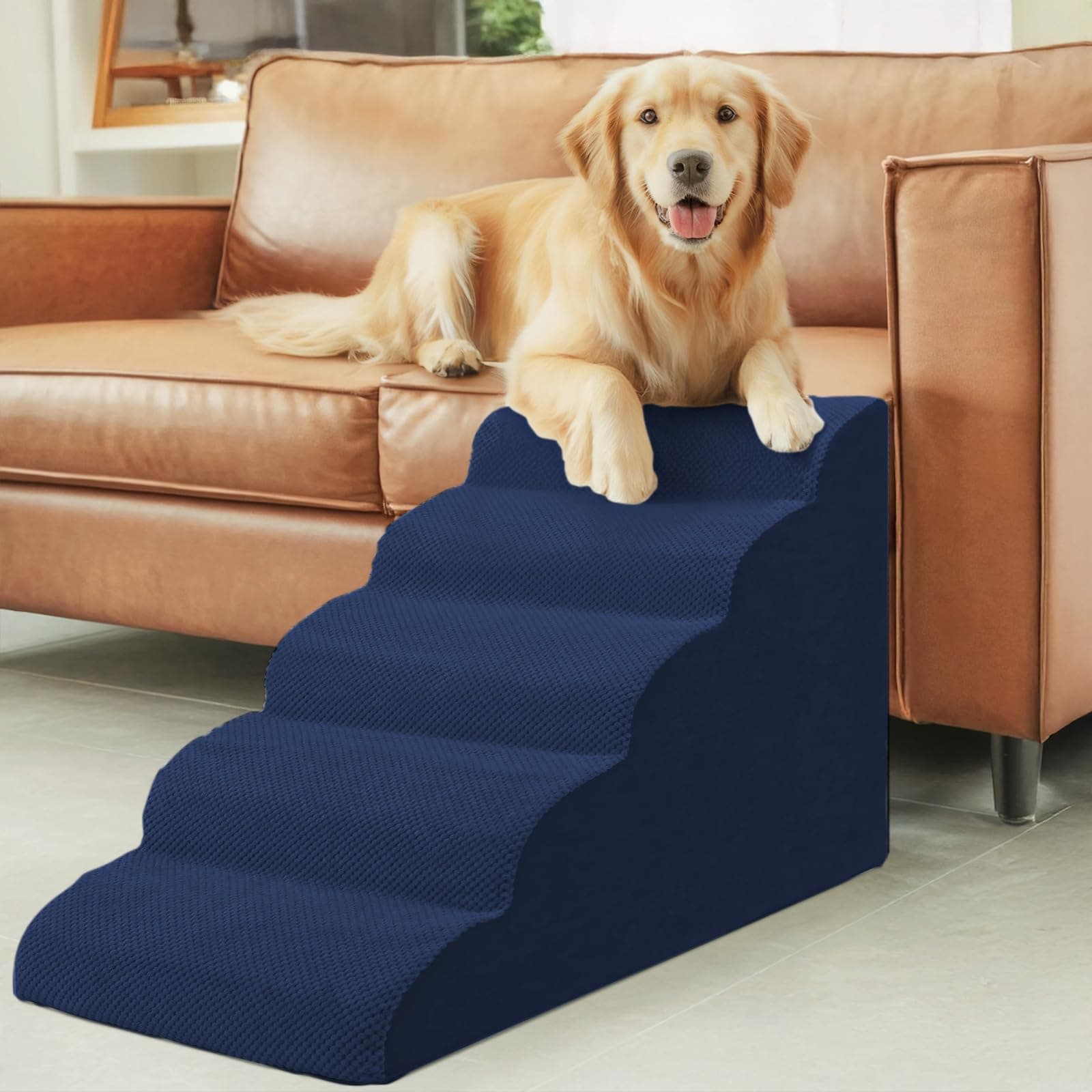 24.4 Inch Dog Stairs for Medium Dogs – Wide Non-Slip Pet Steps for Extra High Beds & Tall Couches, High Density Foam with Gentle Slope for Senior Pets, Machine Washable