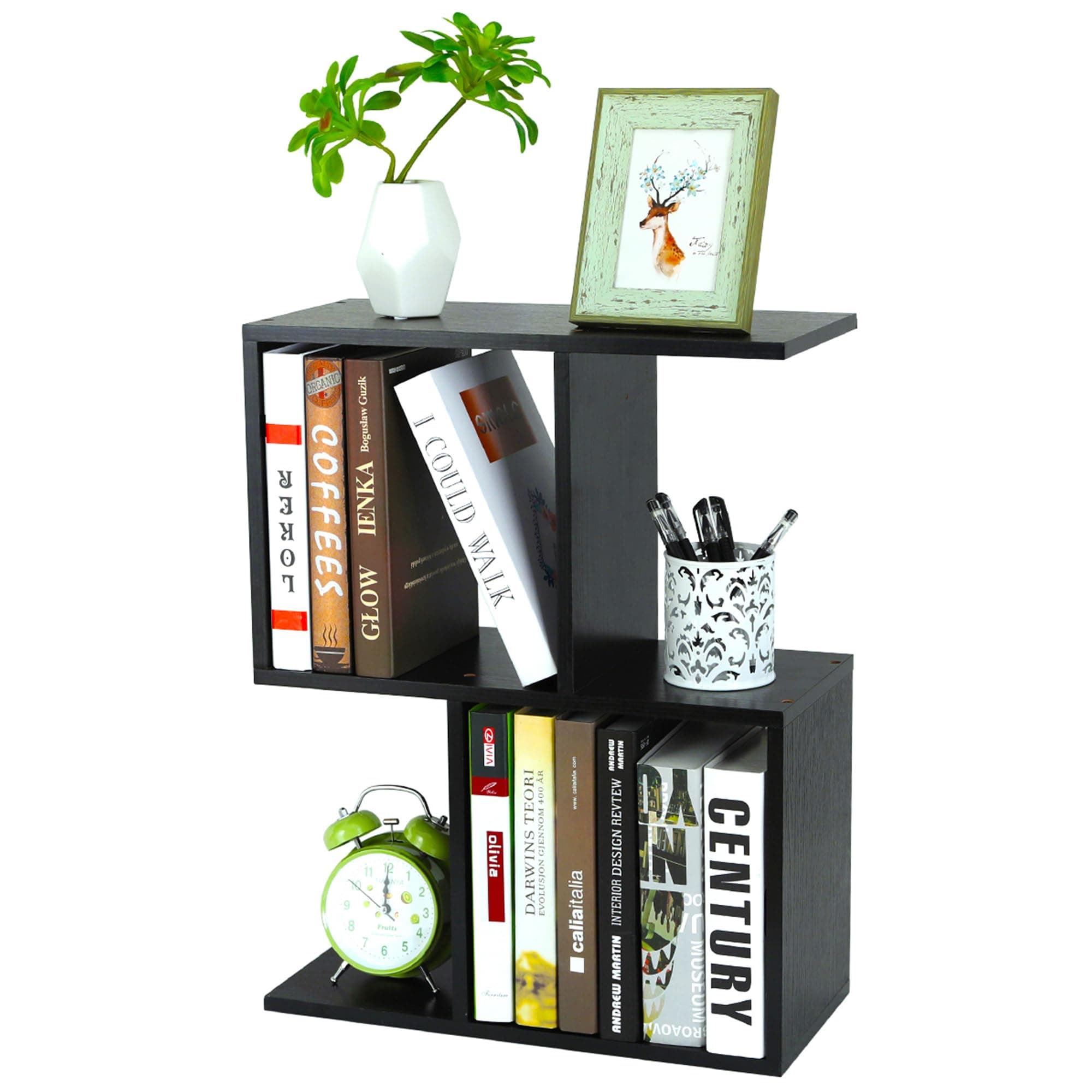 TQVAI 2-Tier Desktop Bookshelf, Freestanding Multipurpose Wood Desk Top Organizer for Books, Office Supplies, Plants, Photo Frames, Small Open Storage Shelves for Office Home Dorm, Black