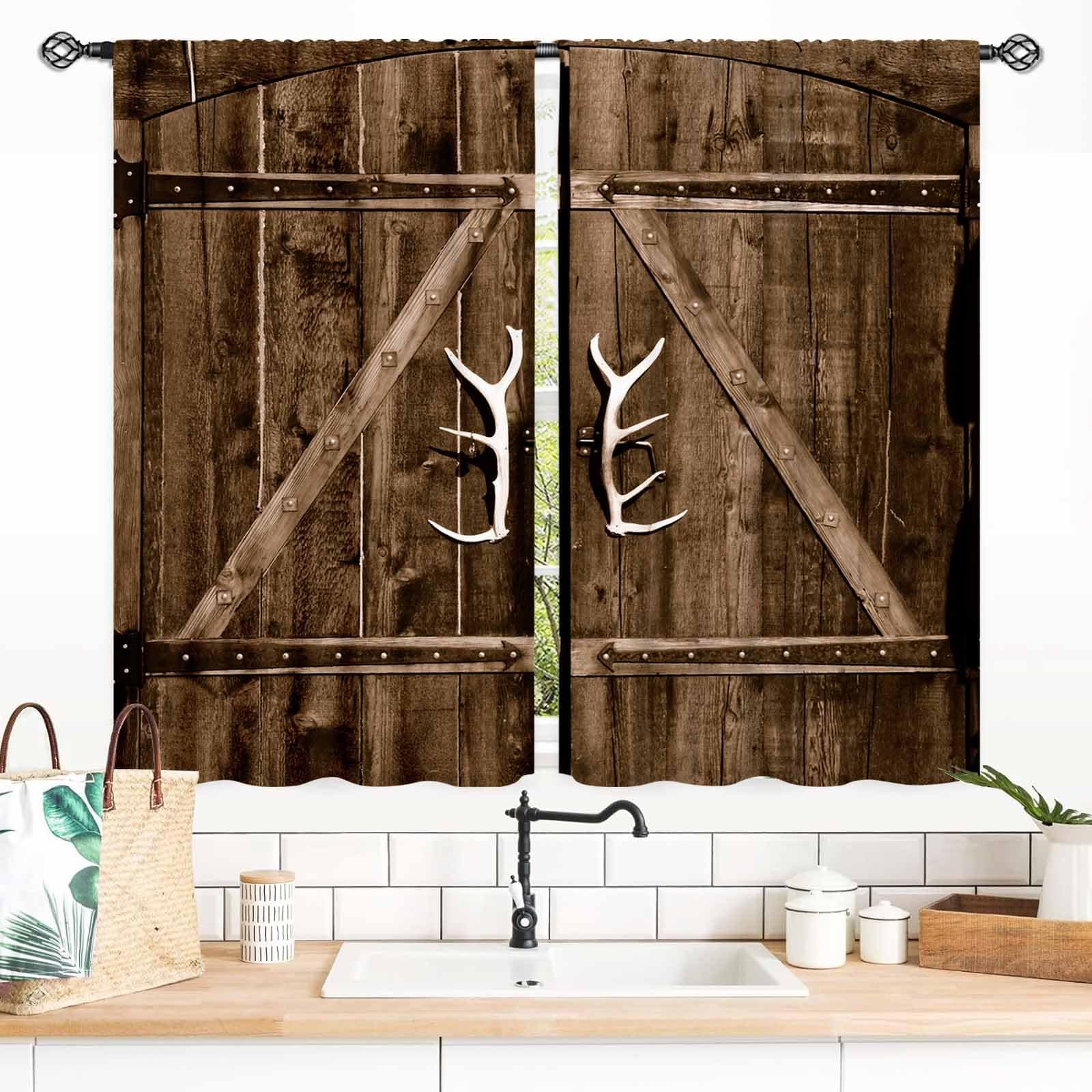 TKUYO Rustic Barn Door Curtains, Farmhouse Wooden Barnwood Brown Garage Gate Cottage Country Western Style Small Short Window Treatments Drapes for Bedroom Living Room Kitchen 2 Panels, 55x39 Inch