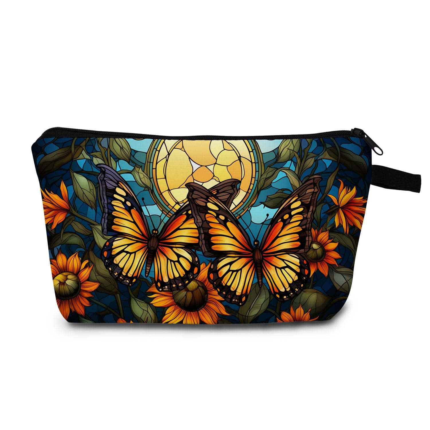 MoCaliduccious Butterfly Sunflower Stained Glass Print Women Makeup Bag Travel Cosmetic Organizer Bag Small Zipper Toiletry Bag, hzd4733, Zippered Printed Bag