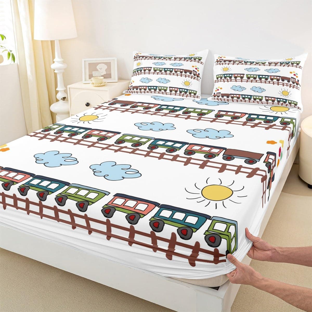 Cartoon Train Kids Fitted Sheet Twin Size,Hand-Painted Sun Cloud Cute Bedding Set,Boys Girls Women Room Decor,Toddler Cartoon Vehicles Bed Cover,Colorful Fashion Bed Sheet,1 Pillowcase
