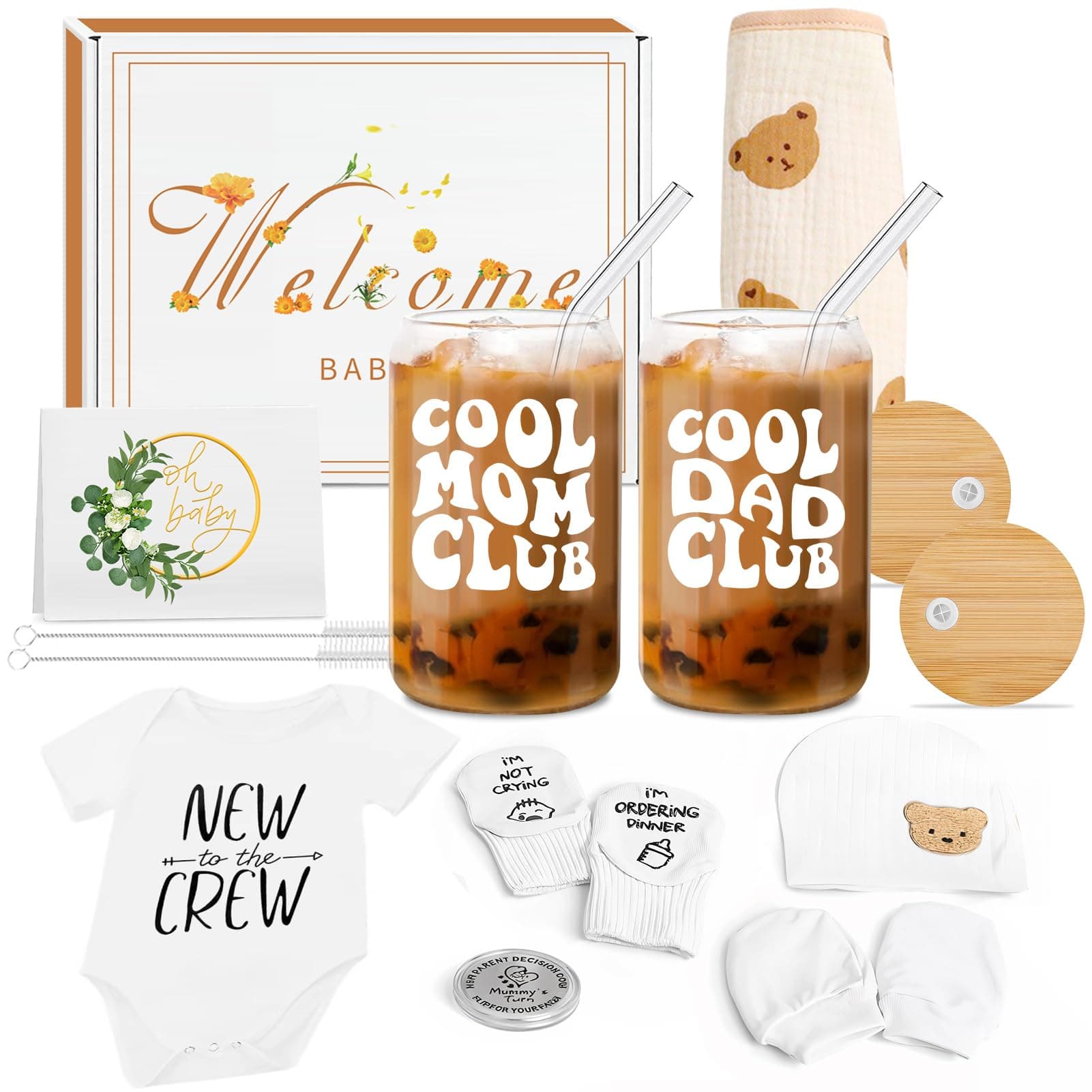BELIVIUM Newborn Gifts Set Gender Neutral Baby Shower Gifts Gender Reveal Gifts for Parents to Be, New Mom Dad Gifts Mom Dad Coffee Glass & Baby Items, Mom to Be Gift Pregnancy Gifts for Expecting Mom