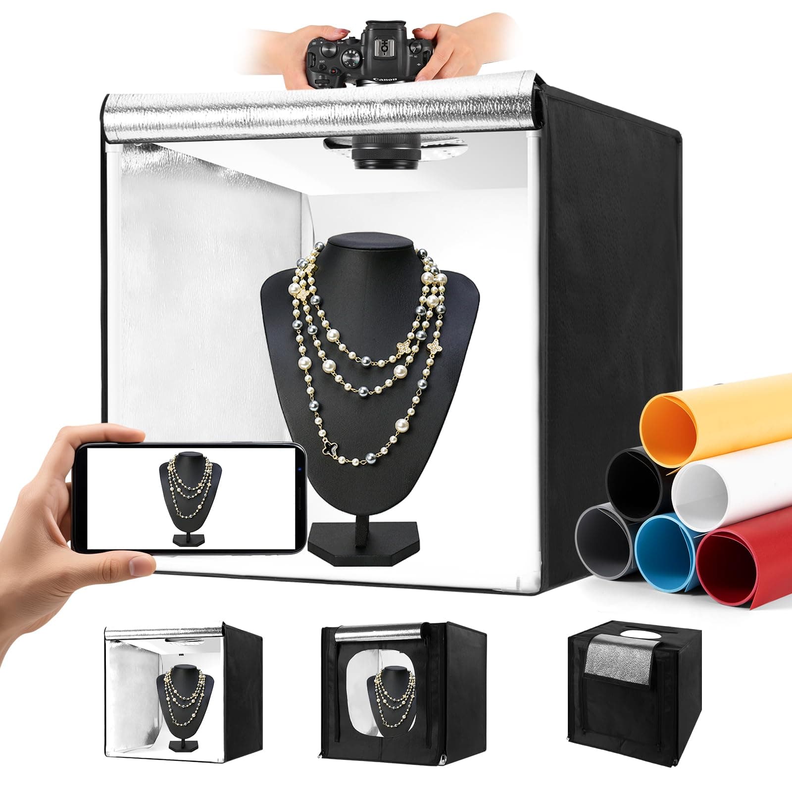 Photo Light Box, 10/12/16/20/24/32 Inch Portable Photo Studio LightBox, CRI>95 243 Light Beads Shooting Tent Kit with 6 Color Backdrops and 3 Stepless Dimming Light Panels for Photography Studio