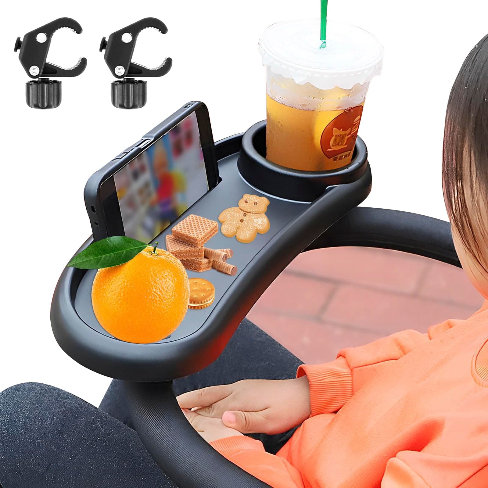 Wekvgz Stroller Snack Tray with Cup Holder Universal Stroller Food Tray Removable, Non-Slip Grip Clip for Stroller Bar Reusable Stroller Snacks Holder for Strollers with Round Armrests
