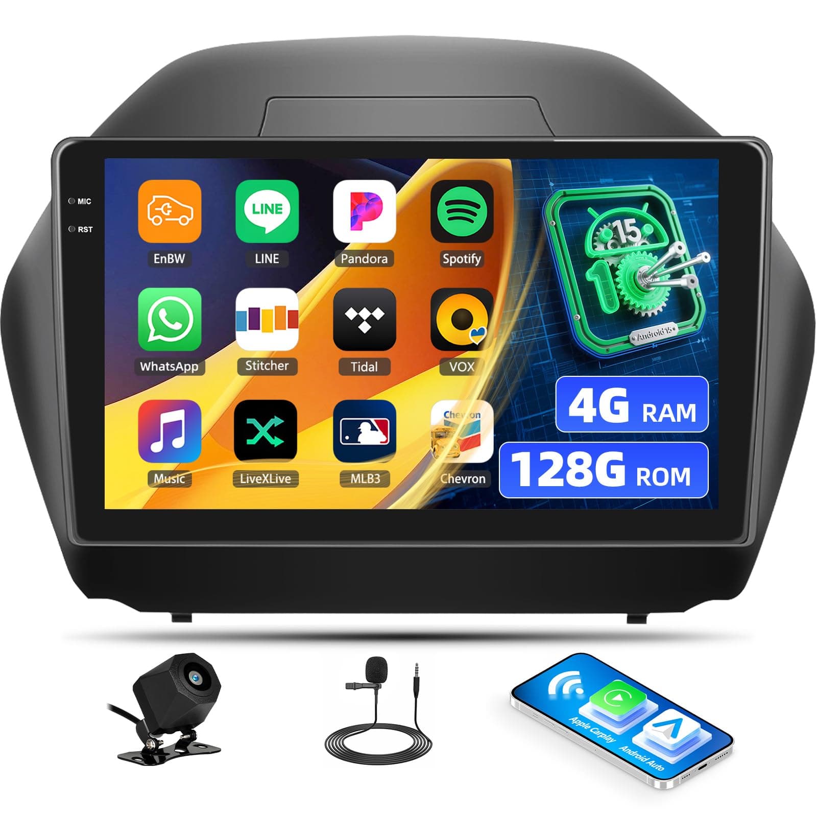 [4G+128G] Car Radio for Hyundai Tucson IX35 2010-2015 with Car Wireless CarPlay Android Auto, 10.1 Inch Touchscreen, Android 15, Car Stereo with Mirror Link, GPS