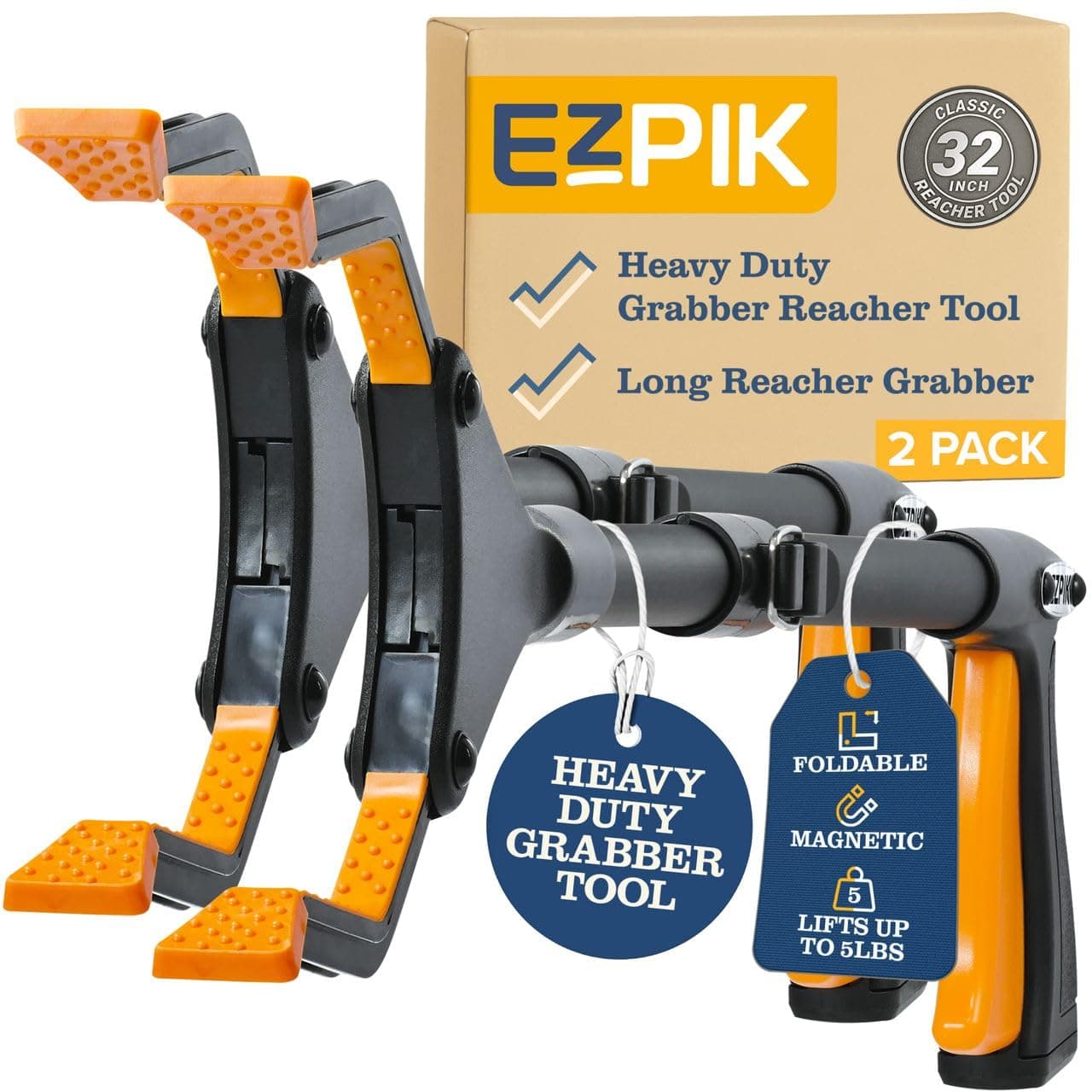 2 x EZPIK® 32" Folding Reacher Grabber Pickup Tool - Claw Grabber Tool for Elderly - Standard Size Trash Picker - Grabber Reacher Tool Heavy Duty (2 Pack)