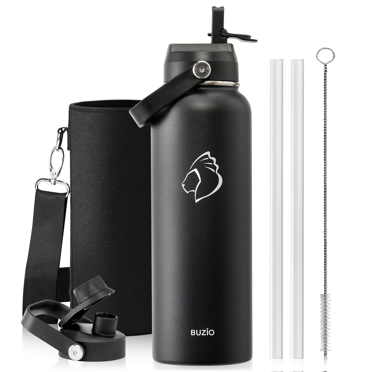 BUZIO 40 oz Insulated Water Bottle Stainless Steel with Straw & Spout Lids