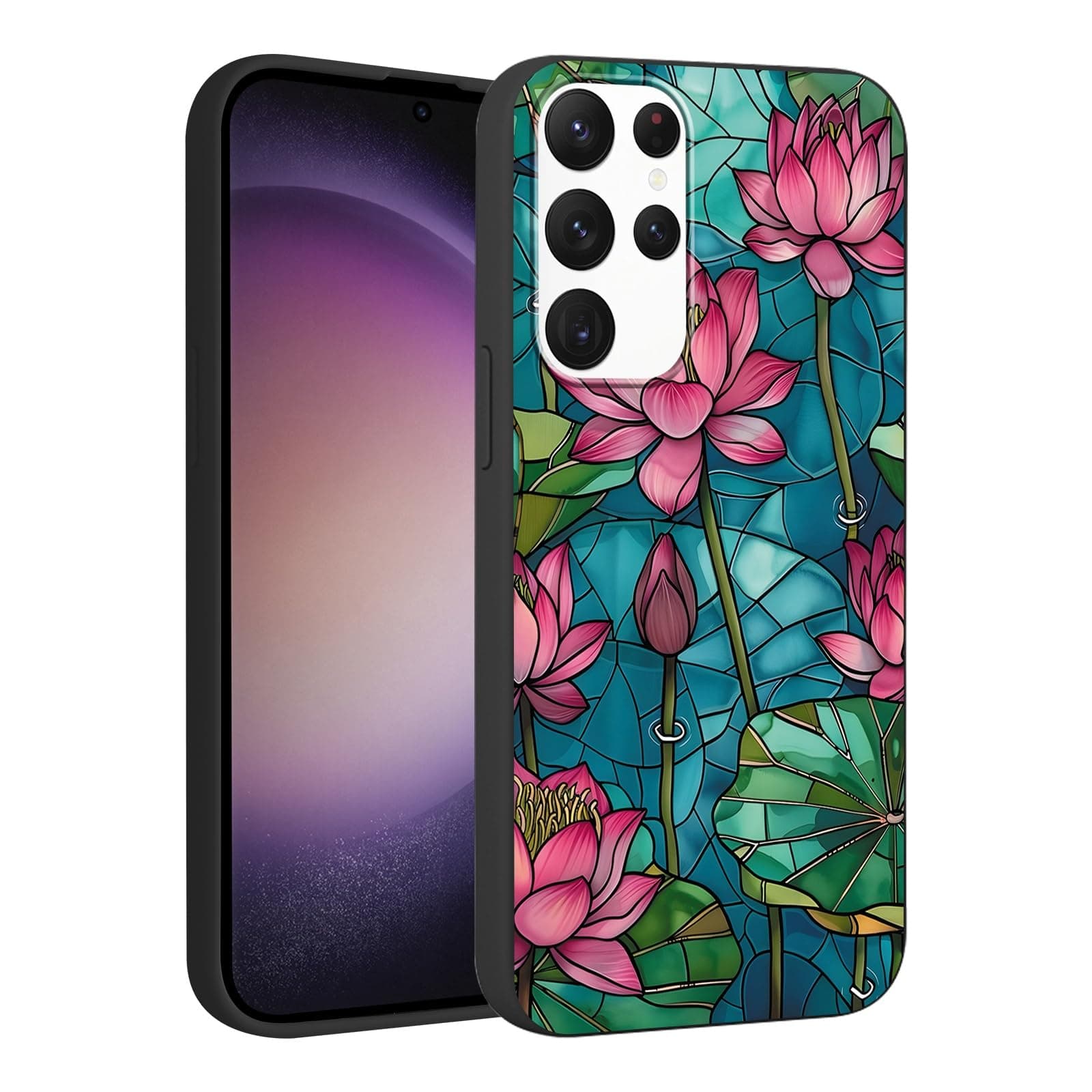 RUMDEY Black Print Phone Case for Samsung Galaxy A36 6.64", Cute Aesthetic Pattern Design Funda with TPU Slim Liquid Silicone Shockproof Protection Soft Cover for Women Girls,Pink Lotus