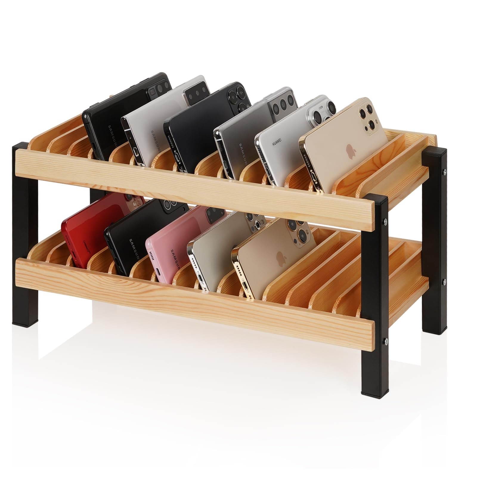 Echaprey 30-Grid Wooden Cell Phone Holder Desktop Multiple Classroom Phone Storage Organizer Rack Box Caddy for Office School Classroom with 1-30 Number Stickers