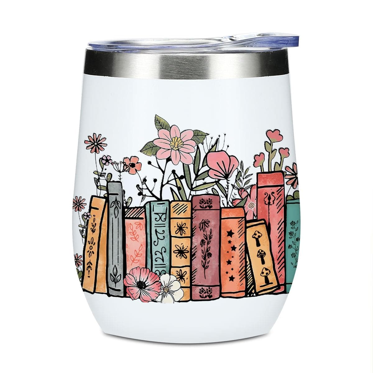 Wine Tumbler, 12 oz Coffee Mug Travel Insulated Cup Vacuum Stainless Steel Thermos Wine Glasses with Lid, Book Lovers Gifts Book Accessories Book Club Gifts Bookish Librarian Gifts for Women Bookworm
