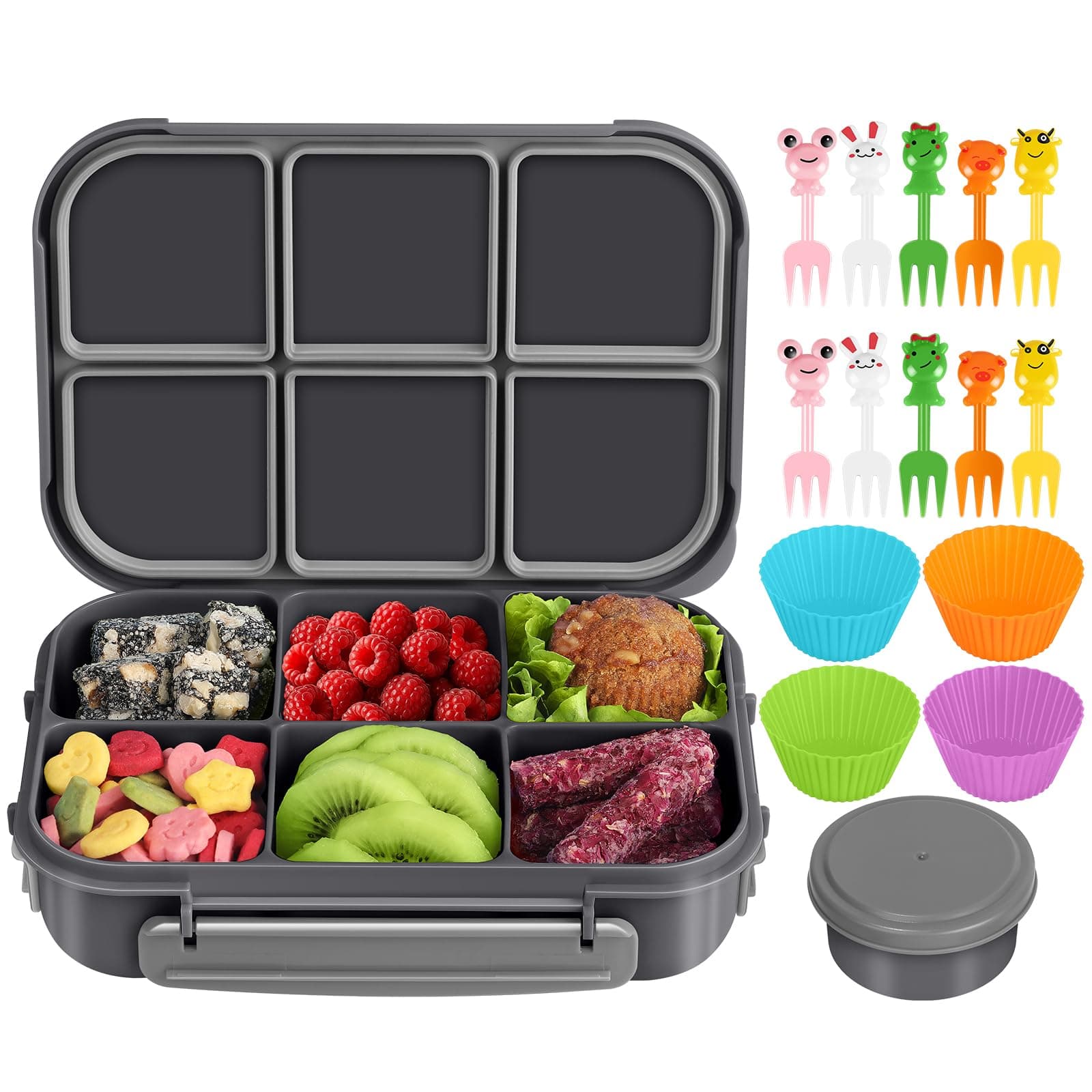 Amathley Lunch Box Kids Girls Boys,Bento Box Adult,Toddler Lunch Containers for School,Leakproof Snack Containers with 6 Compartments,Sauce Container,10 Food Picks and 4 Muffin Cups (Dark Gray)