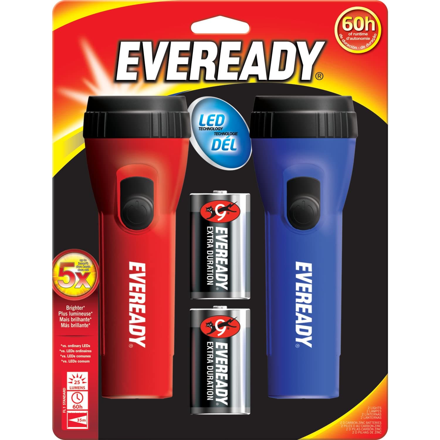 Energizer EVEL152S Eveready LED Economy Flashlight-D-PolypropyleneCasing-Blue, Red