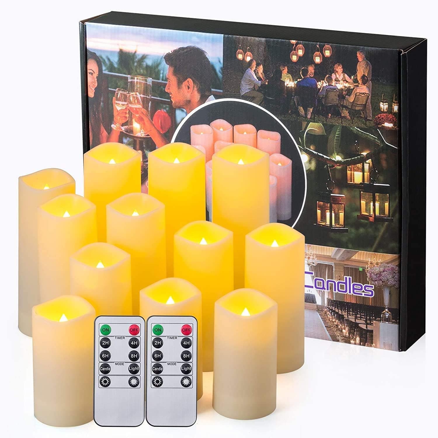 Flameless Candles, Led Candles Set of 12(D 2.1" X H 4" 5" 6" 7") Resin Candles with Remote Timer Waterproof Outdoor Indoor Candles (Made of Plastic)