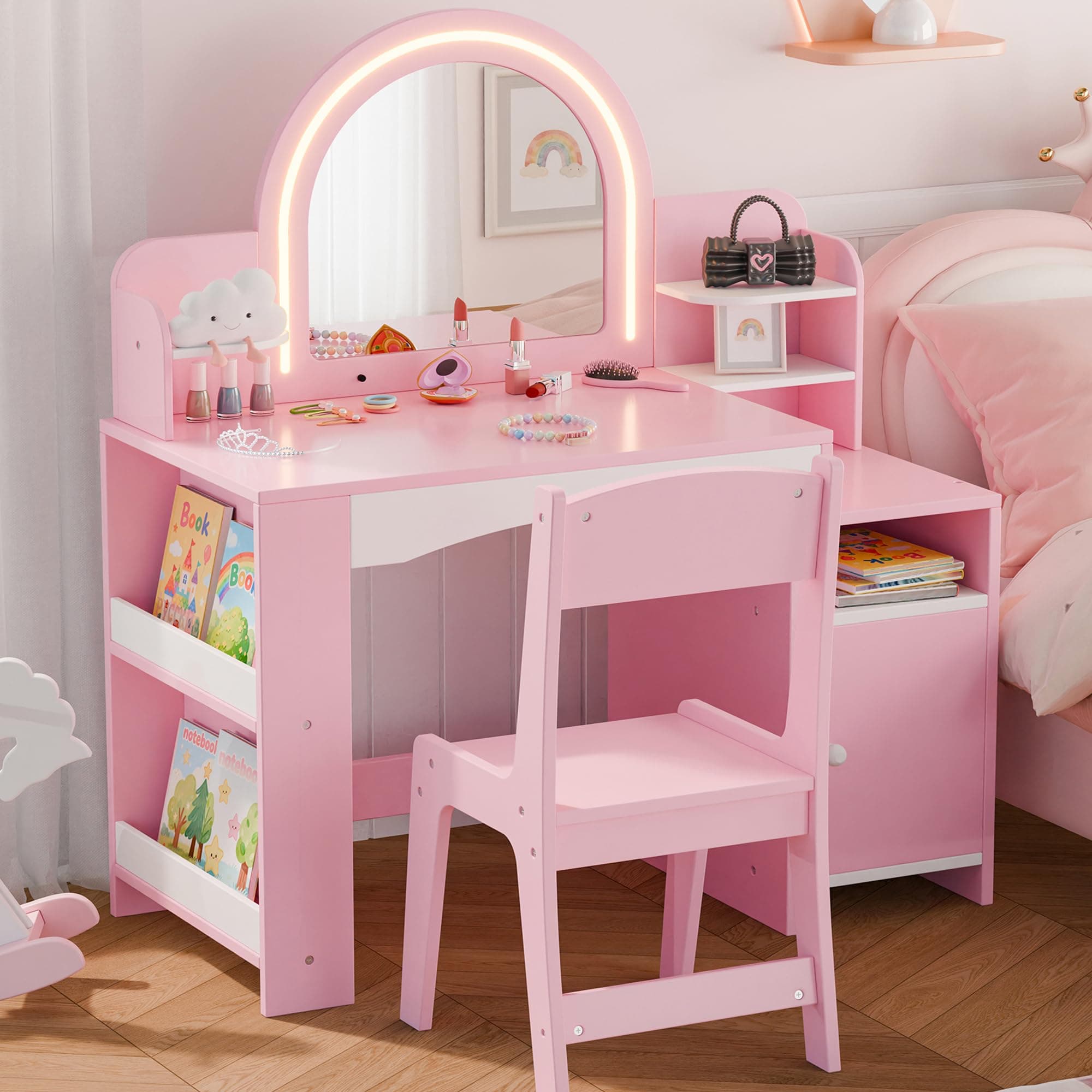 MU Kids Vanity with Lights, Princess Makeup Vanity Desk with Open Bookshelf, Storage Cabinet & Shelves, 2 in 1 Toddler Vanity Table & Chair Set with Lighted Mirror for Little Girls, Pink