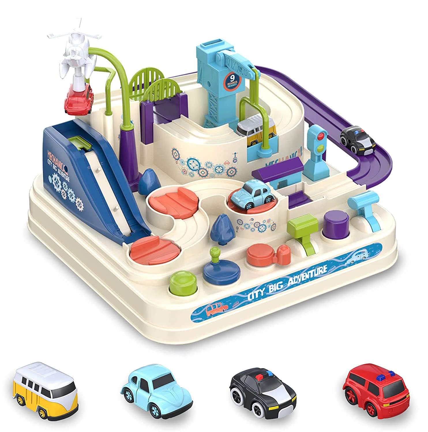 Car Adventure Toys for 3 4 5 6 Year Old Boys, Race Track Cars Set with 6 Buttons & 9 Challenges, STEM Educational Toddler Toys, Rescue Vehicle Playset, Birthday for Kids Boys Girls