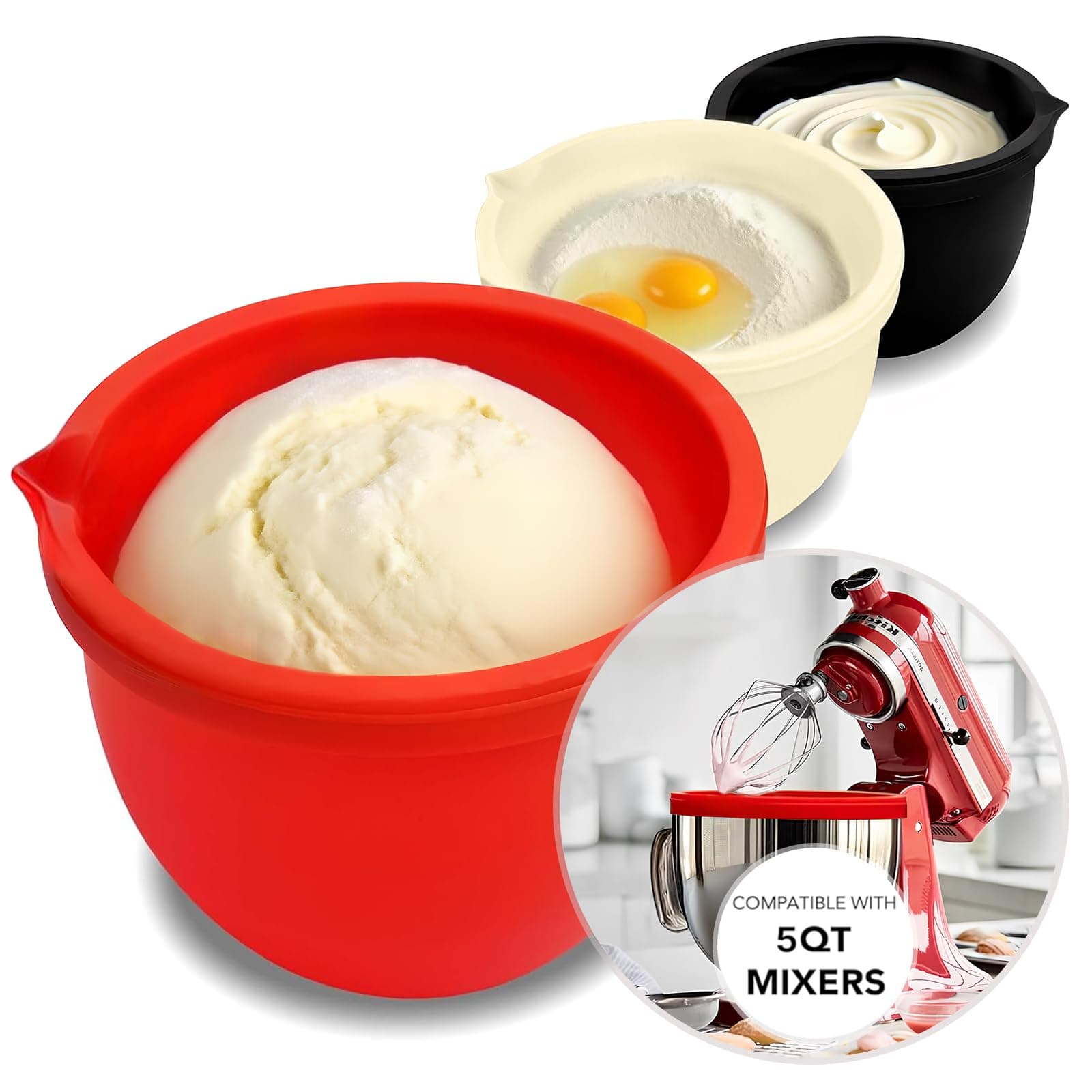 KitchenAid 5 Qt Tilt-Head Silicone Bowl Liners, Non-Stick, Odorless, Heat & Cold Resistant, Thicker Mixer Bowl Liners with Lids, Set of 3 (Red，Beige，Black）