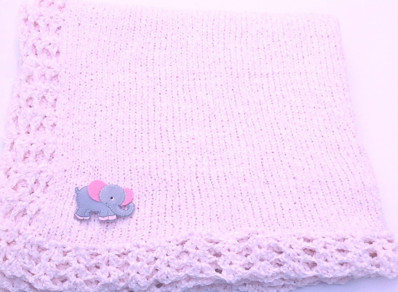 Knitted Crochet Finished Medium Pink Chenille Large Blanket with Elephant Patch