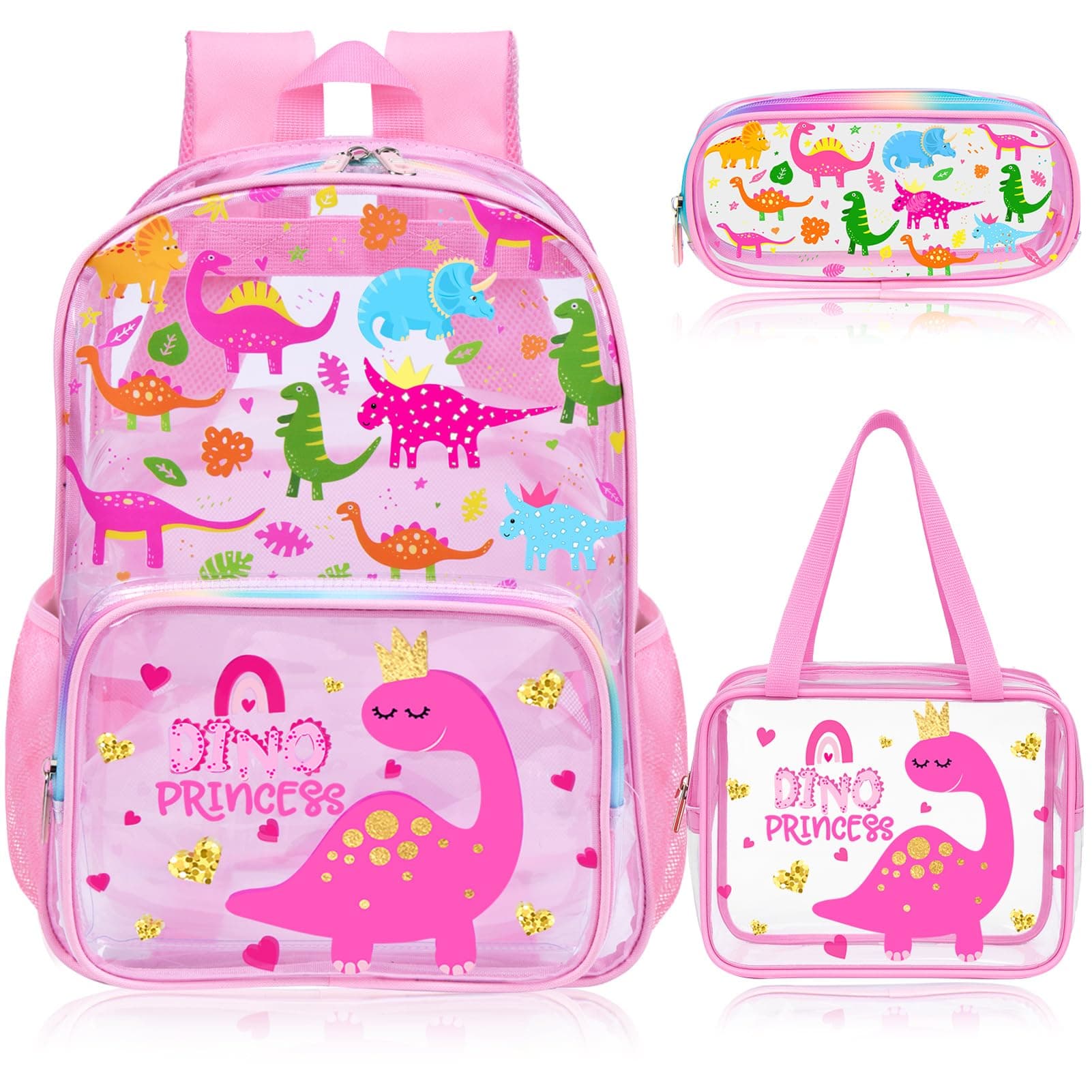 3PCS Clear Backpack set for Girls - Pink Dinosaur Clear Bookbag for School