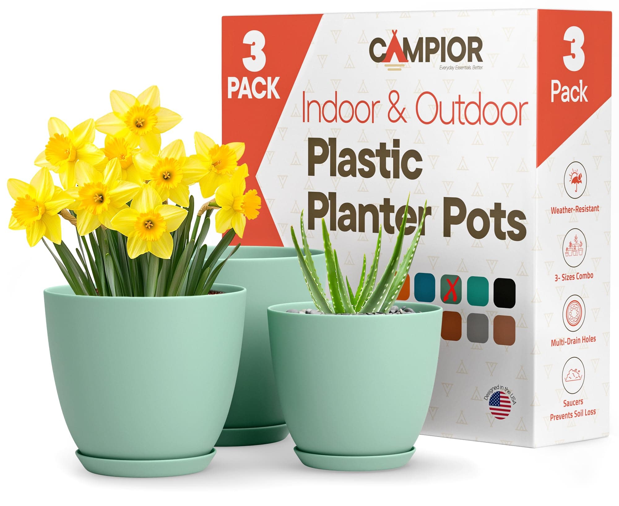 Planter Pots with Drainage Holes - Lightweight, Durable, & Space-Saving Pots for Indoor and Outdoor - Versatile Functionality, Simple Modern Design, Set of 3 Plastic Planter Pots Mint