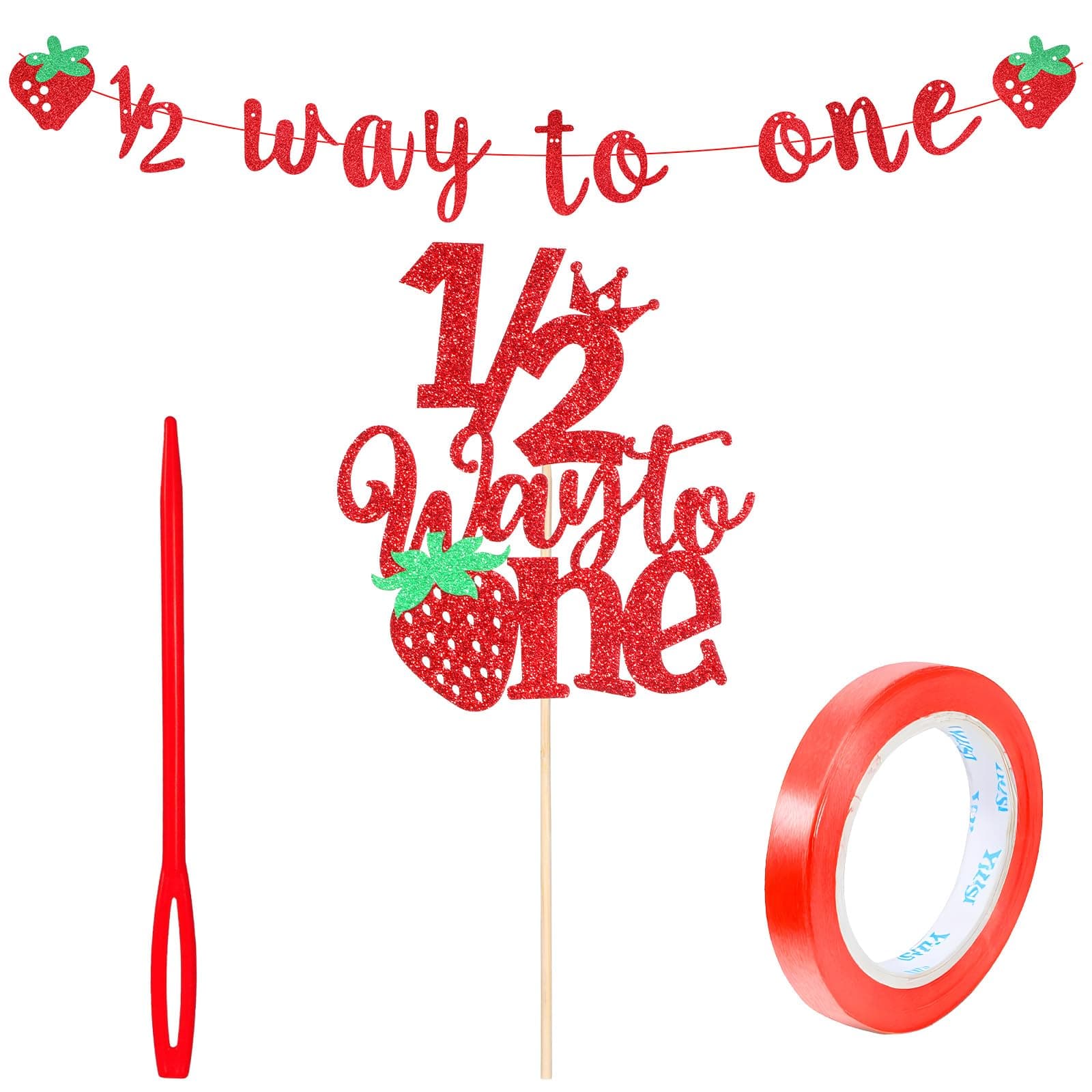 1/2 Way to One Banner, Happy 1/2 Birthday Banner 6 Months Birthday Decorations Red Glitter Strawberry Shower Decorations Berry Sweet Half Party Decoration Strawberry Half Way to One Cake Topper