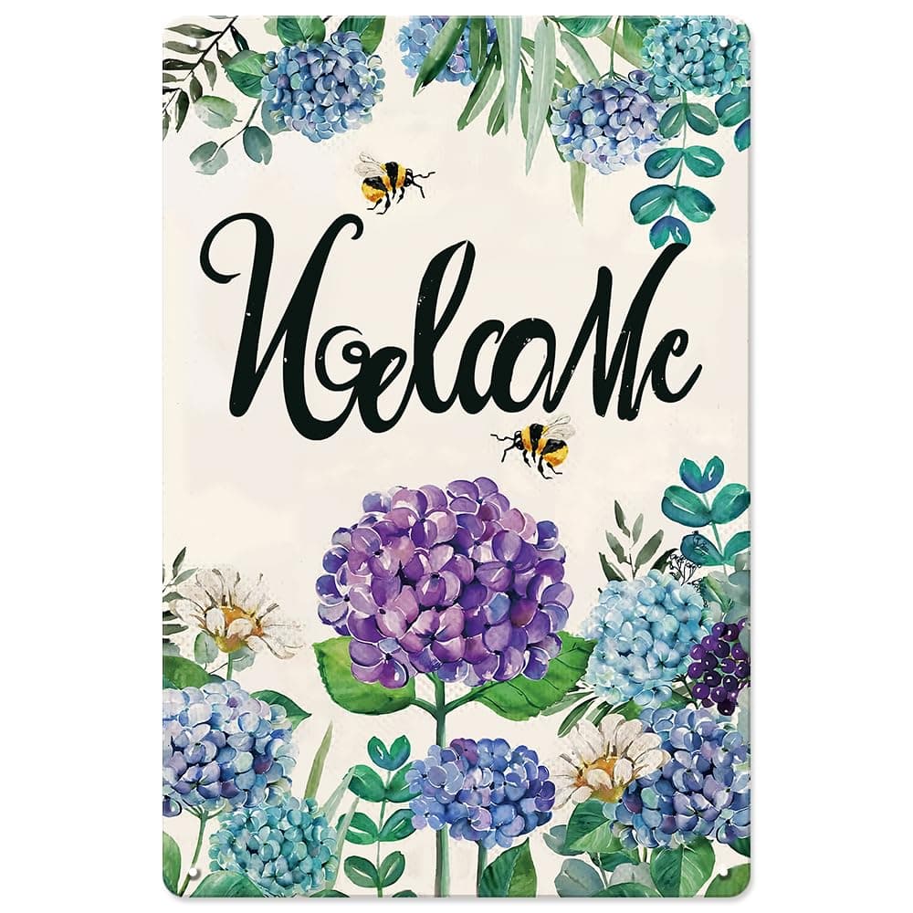 Spring Summer Hydrangea Garden Decor,Purple Blue Flower Floral Welcome Sign Seasonal Farmhouse Spring Decoration