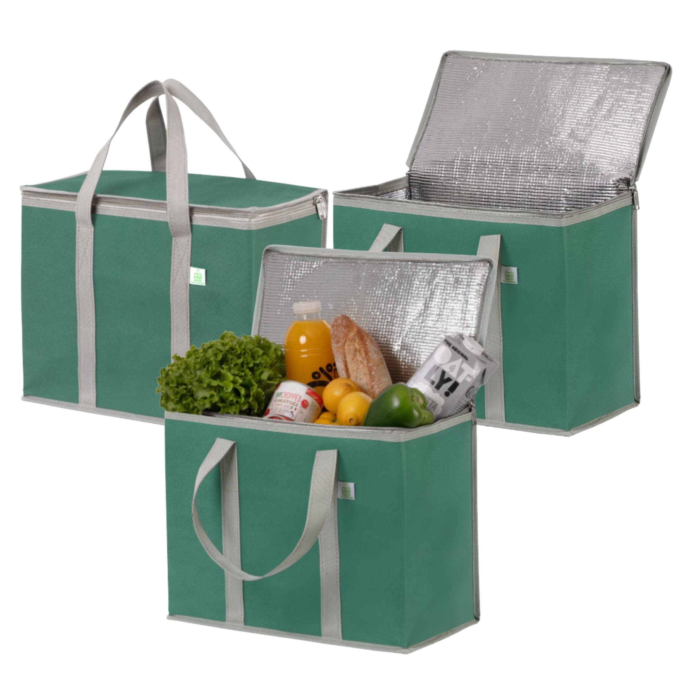 VENO 3 Pack Insulated Reusable Grocery Bag, Food Delivery Bag, Durable, Heavy Duty, Large Size, Stands Upright, Collapsible, Sturdy Zipper, Reusable and Sustainable (Green, 3 Pack)
