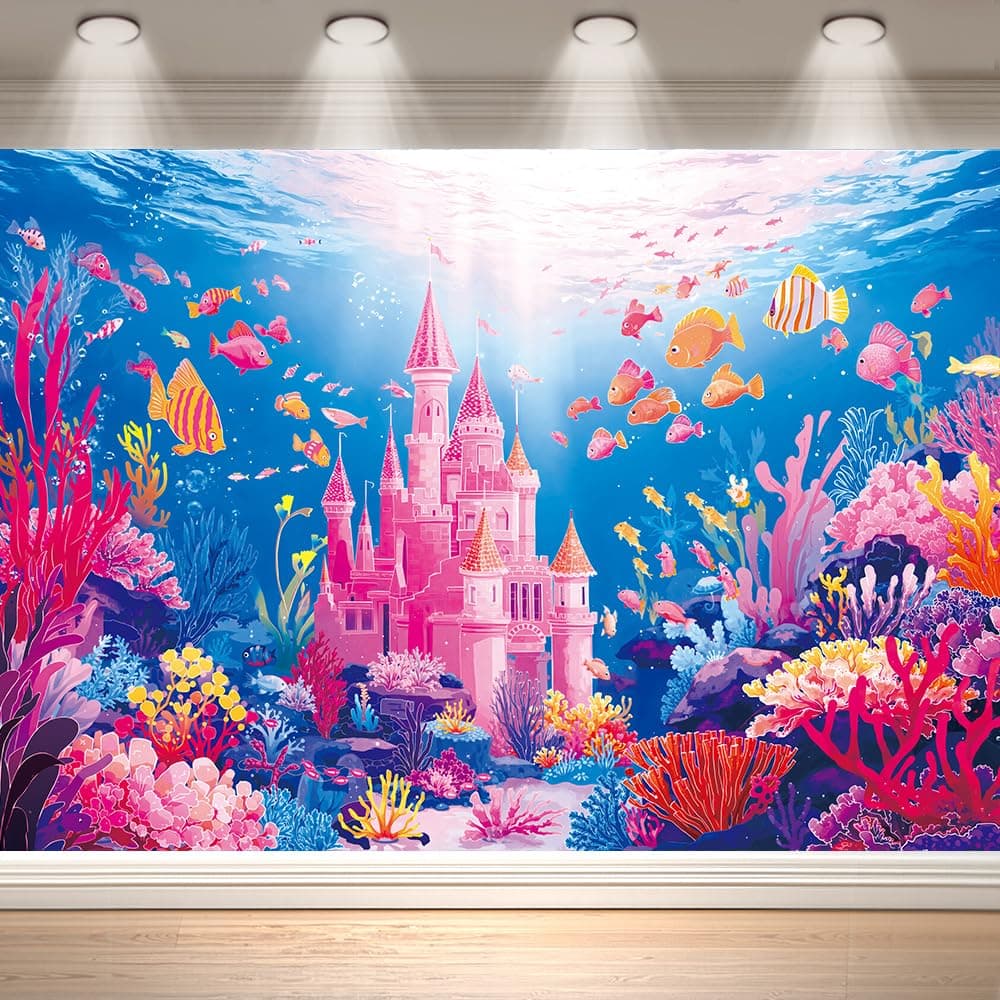 7x5FT Underwater Pink Castle Backdrop for Mermaid Party Decorations Coral Reef Photography Background Cloth Kids Room Decor for Birthday Baby Shower Studio Photo Prop
