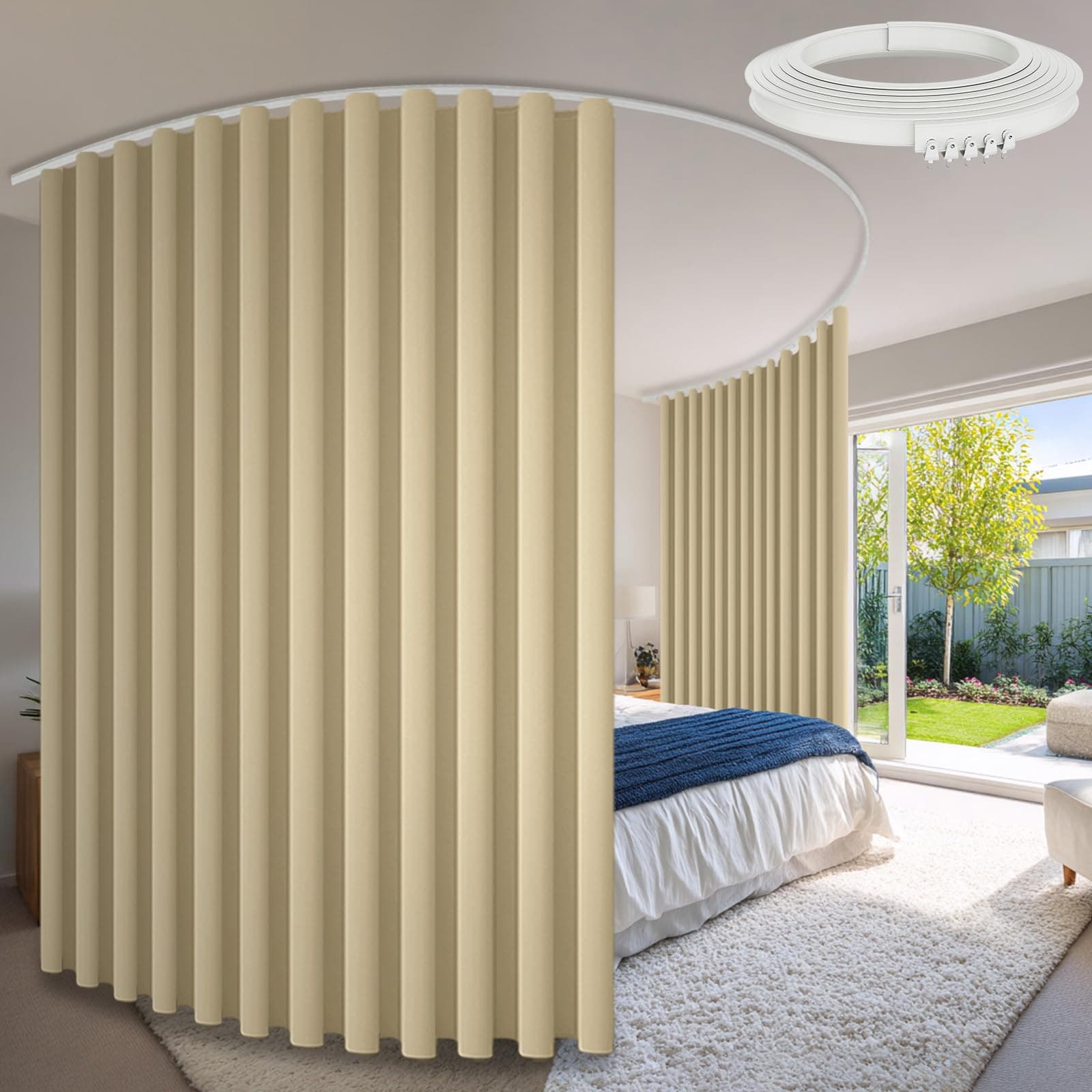 Room Divider Curtains & Flexible Bendable Tracks Set,Privacy Dividers Ceiling Track Curtain Window Blackout Curtains for Living Room Bedroom (W100×H84 in 2 Panels Beige Drape & White Rail 16.4FT/5M)
